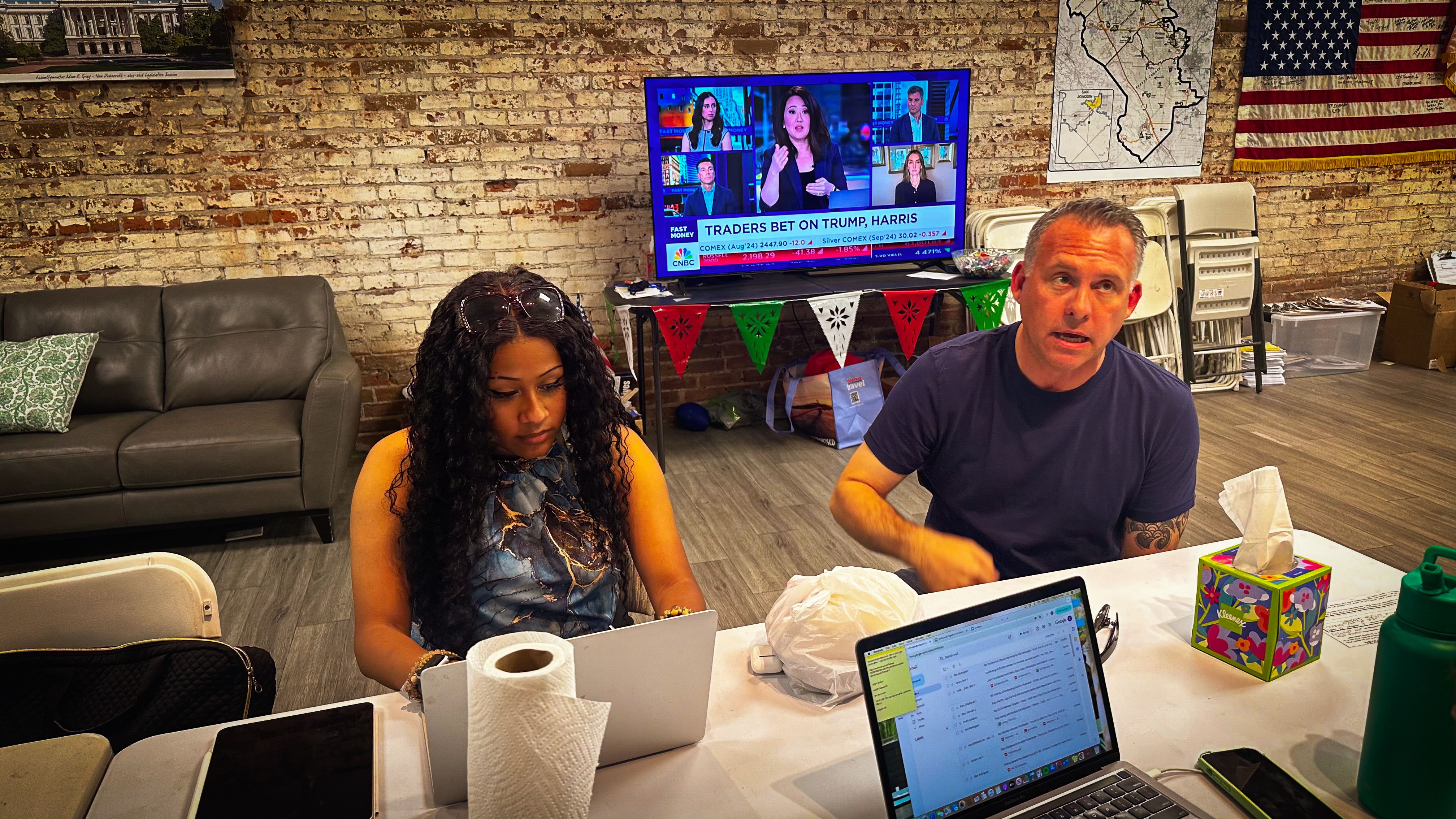 Democratic U.S. House hopeful Adam Gray in Central California talks to staff before former President Donald Trump addressing the RNC on July 18, 2024.