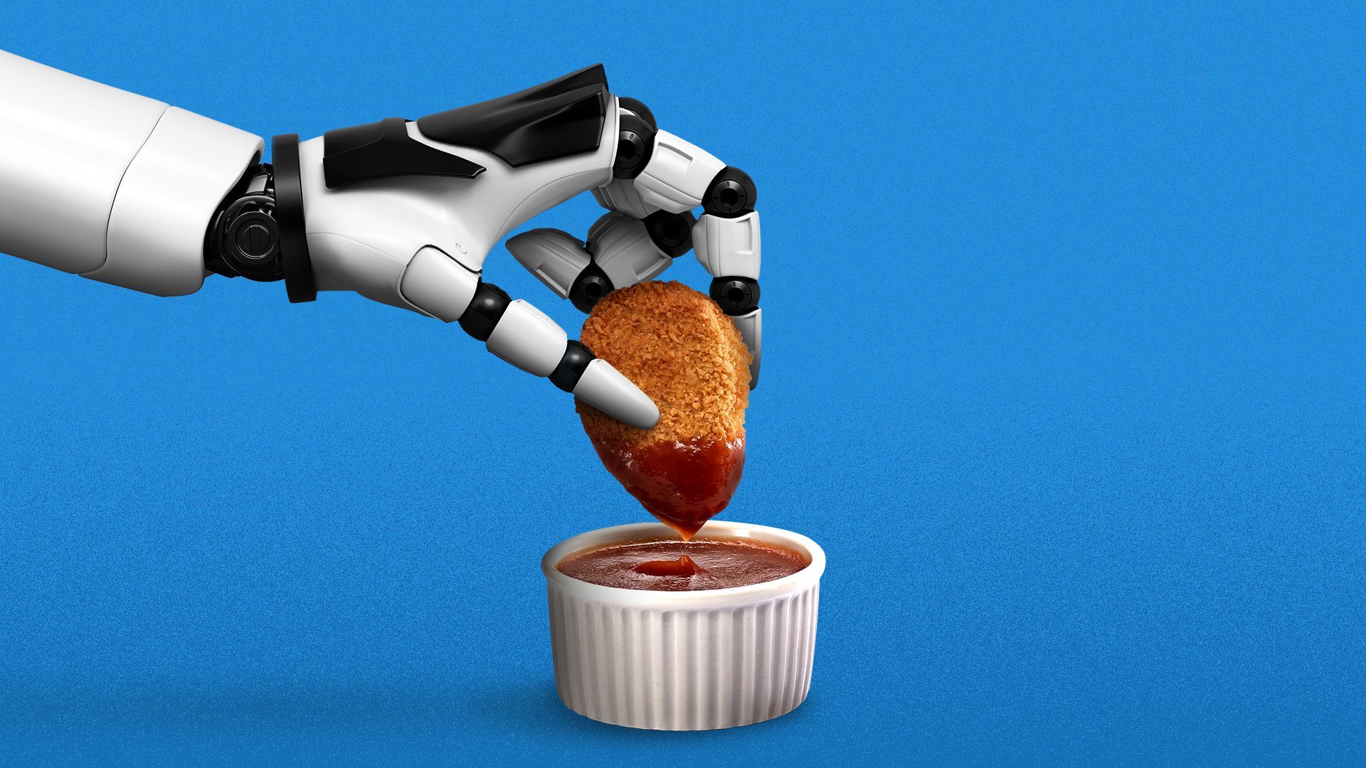 Illustration of a robotic hand dipping a chicken nugget in sauce.