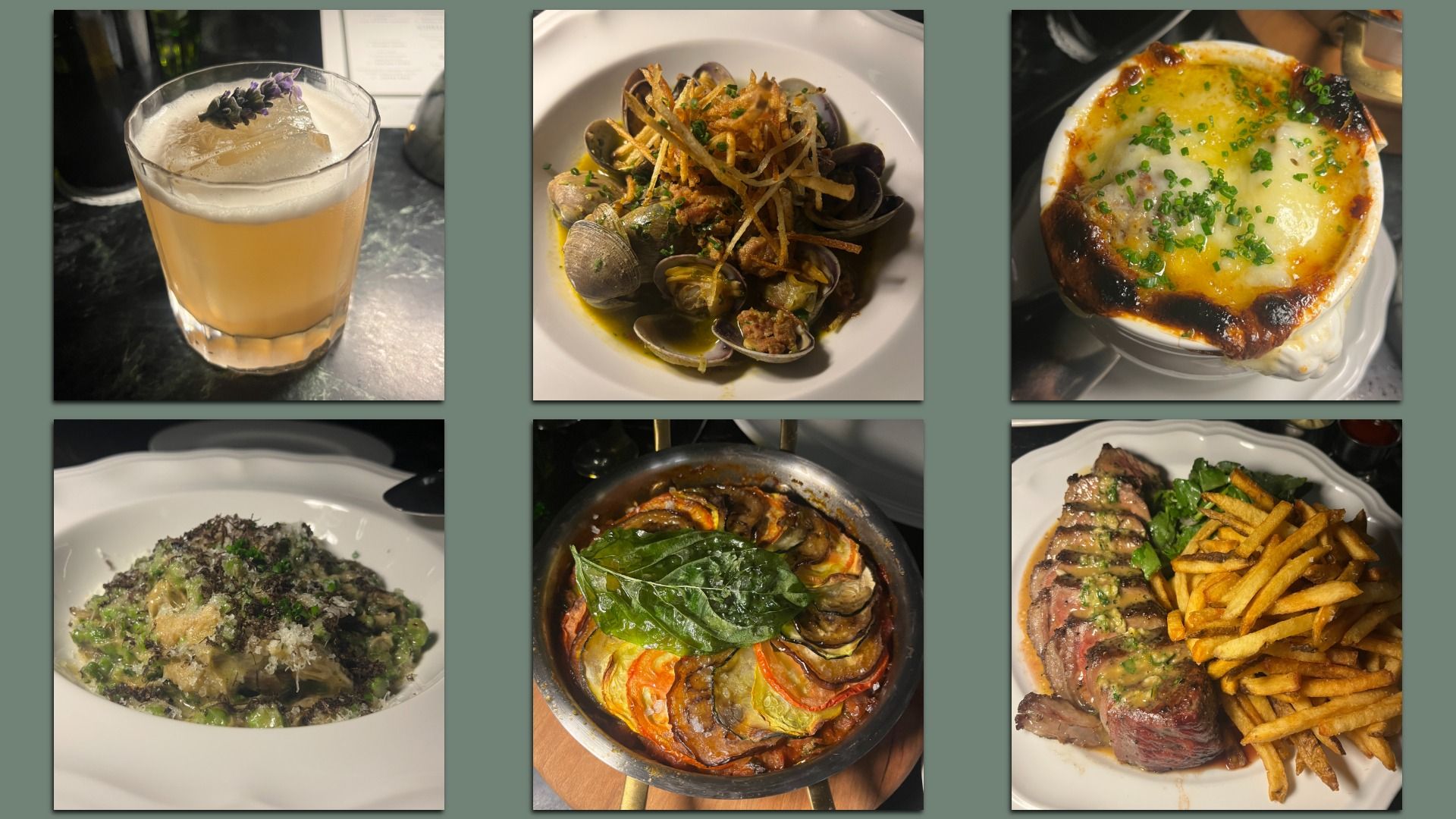 Six-dish collage: pale beer with lavender; clam pasta with fried onions; cheese gratin; risotto with greens and parmesan; ratatouille with basil; steak with fries.