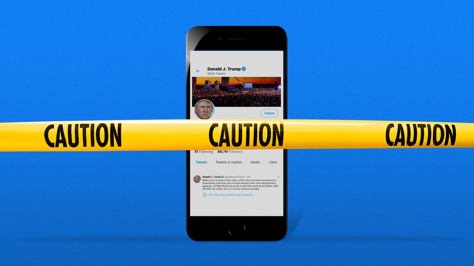 Illustration of phone with Trump’s twitter behind caution tape