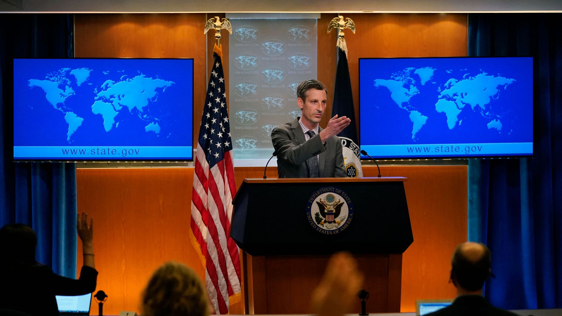 US State Department spokesman Ned Price takes questions from reporters during a press briefing at the State Department in Washington, DC,