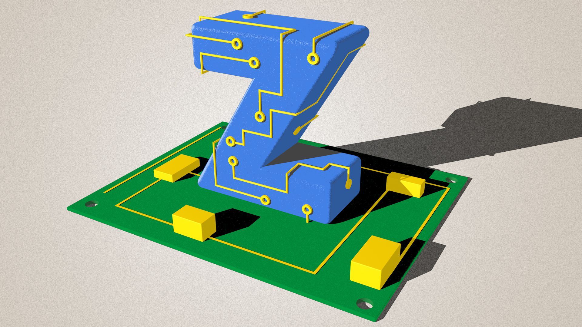 Illustration of the letter Z wrapped in circuitry, sitting on a circuit board.