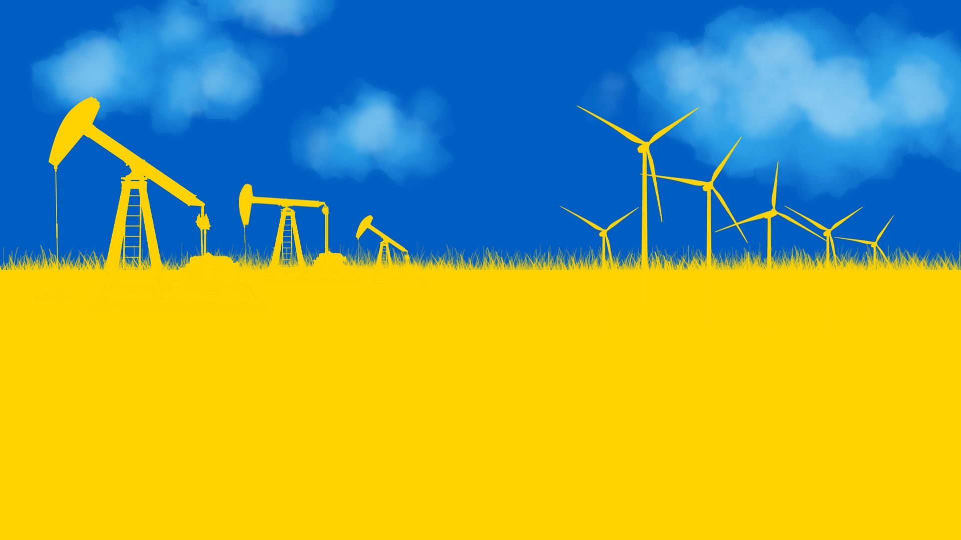 Illustration of the Ukrainian flag as a landscape with oil rigs and wind turbines