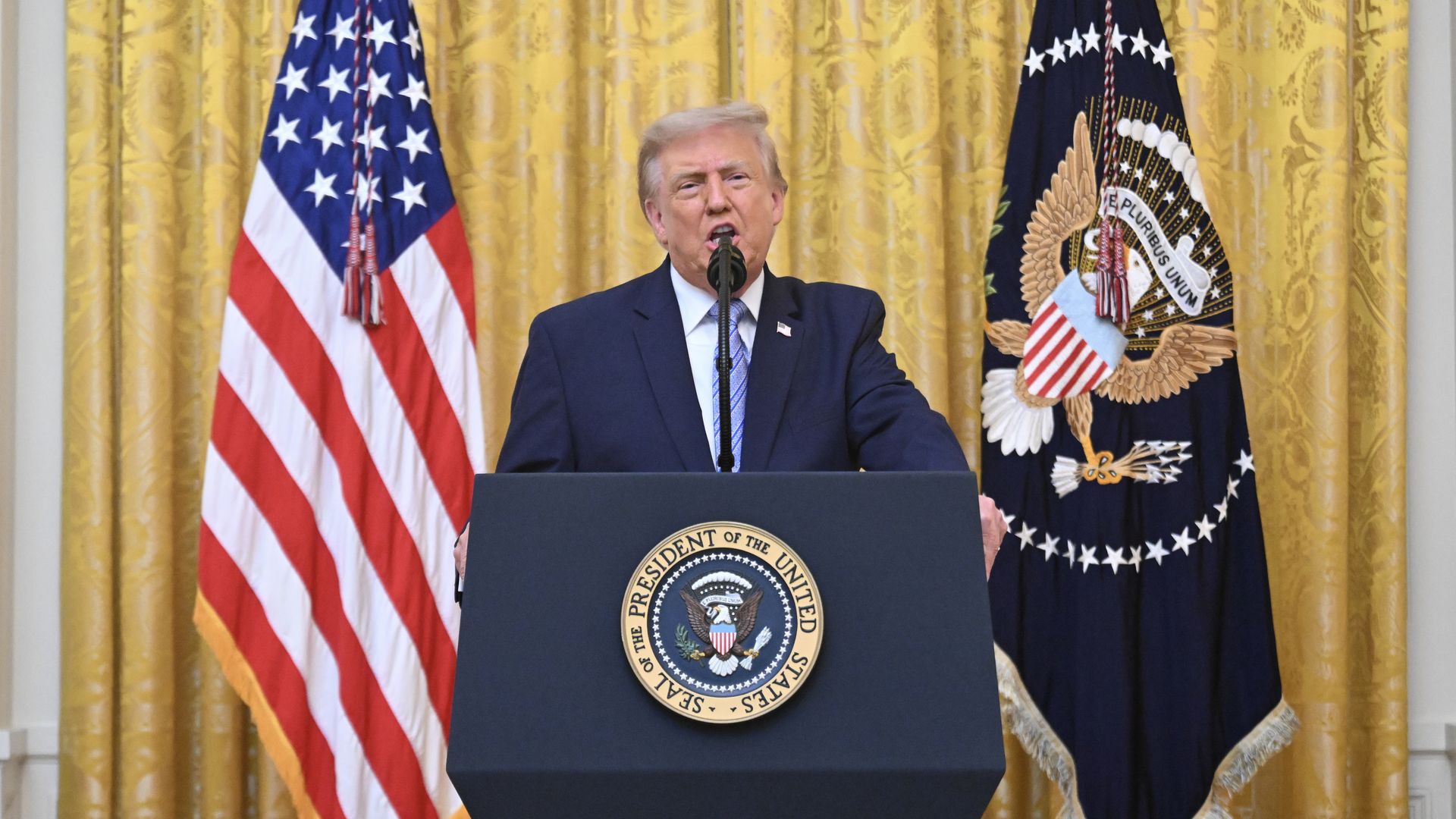 President Donald Trump addresses the nation from the East Room of the White House on July 16.