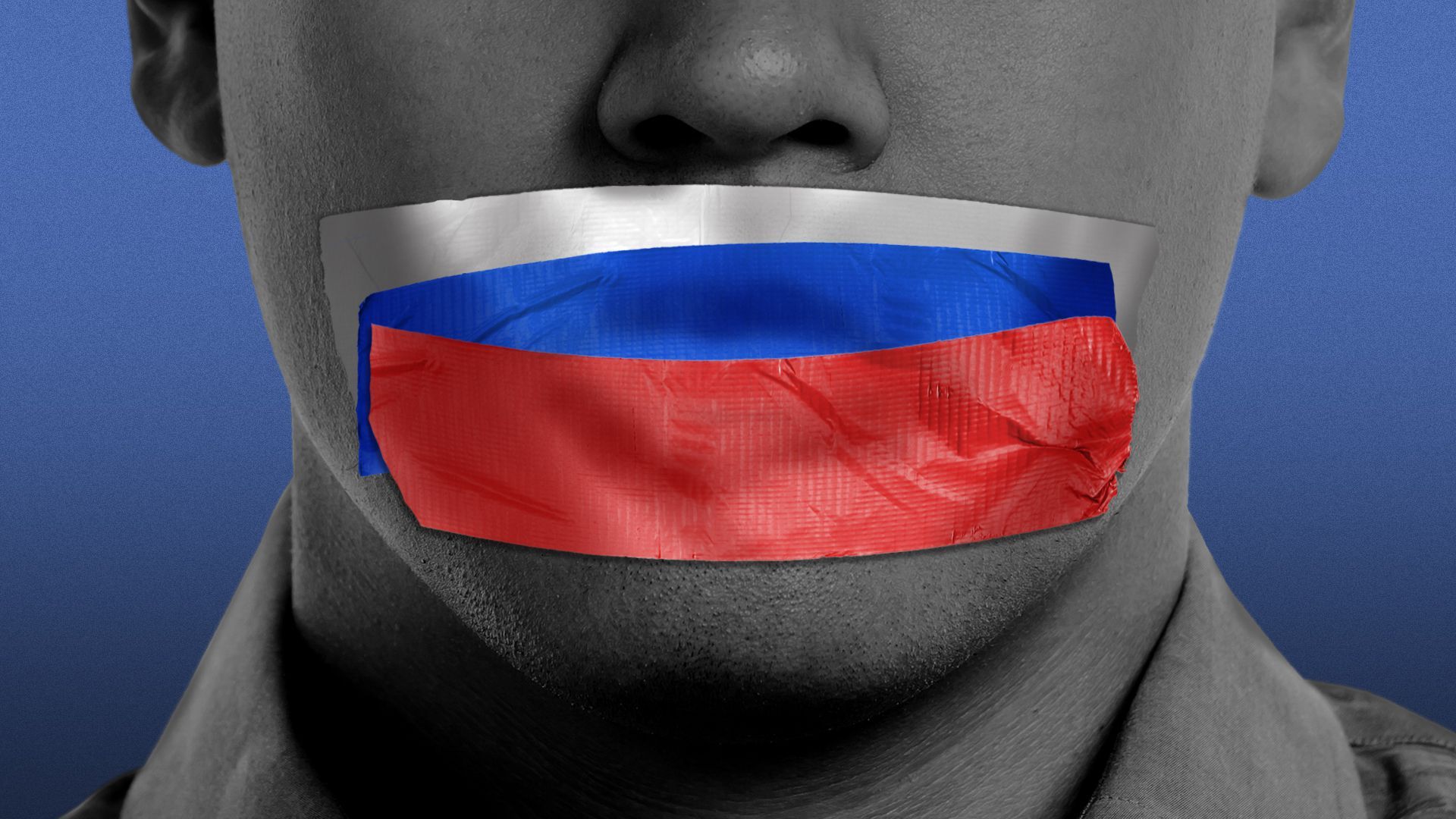 Illustration of a person with their mouth taped with duct tape in the colors of Russia's flag.