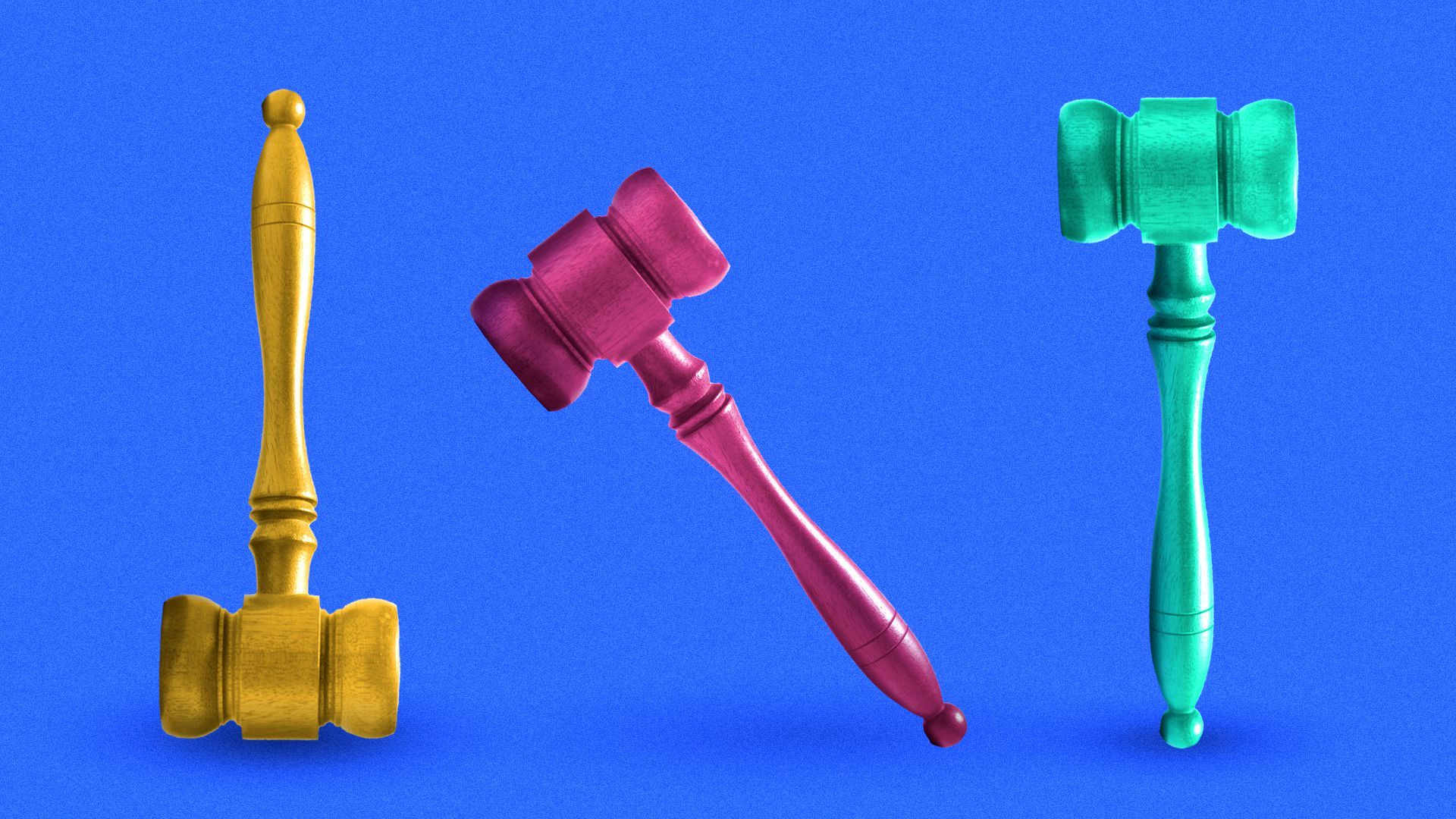 Illustration of different, brightly covered gavels in unique positions