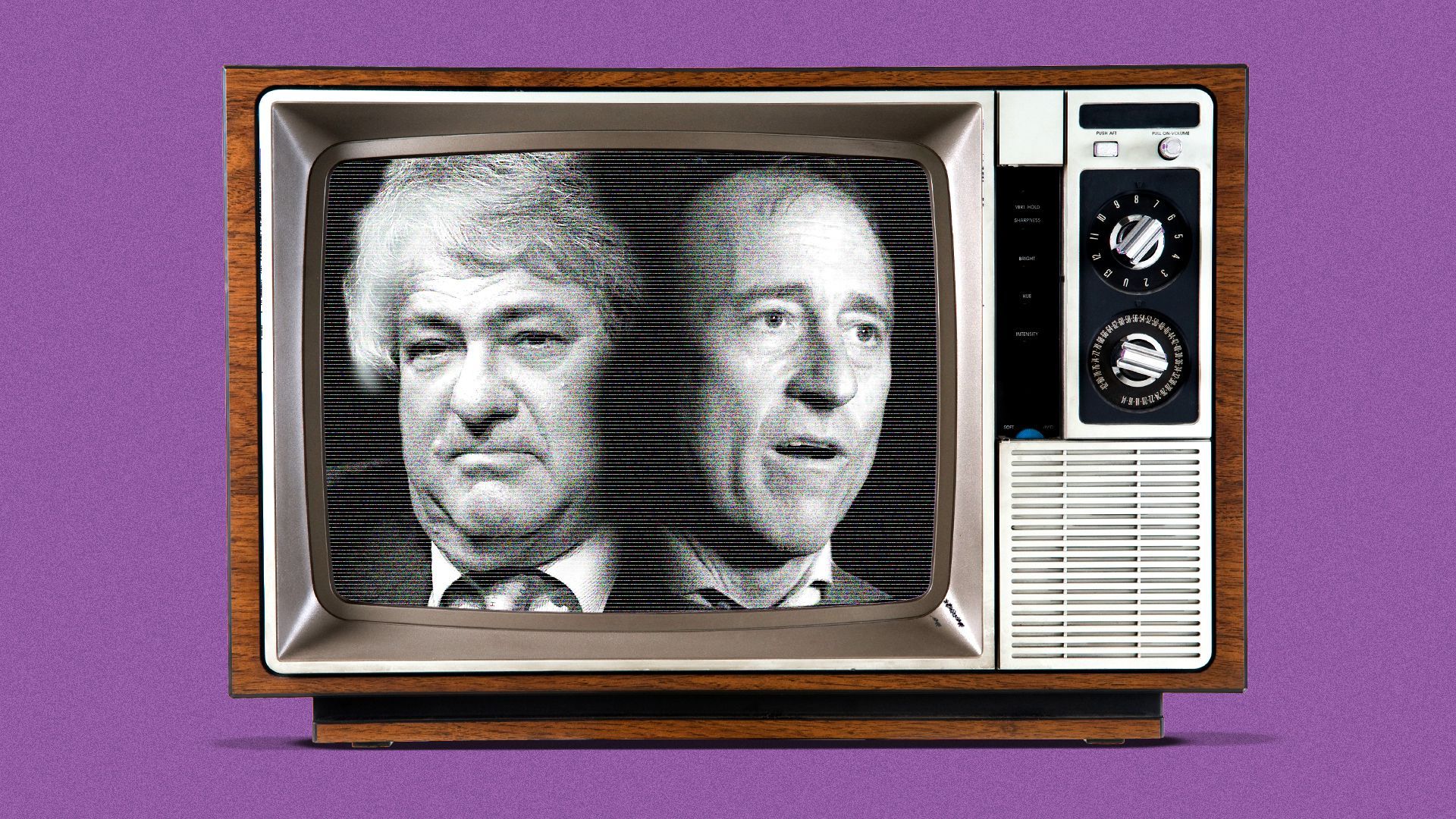 Illustration of an old TV with Leon Black and Josh Harris on it.
