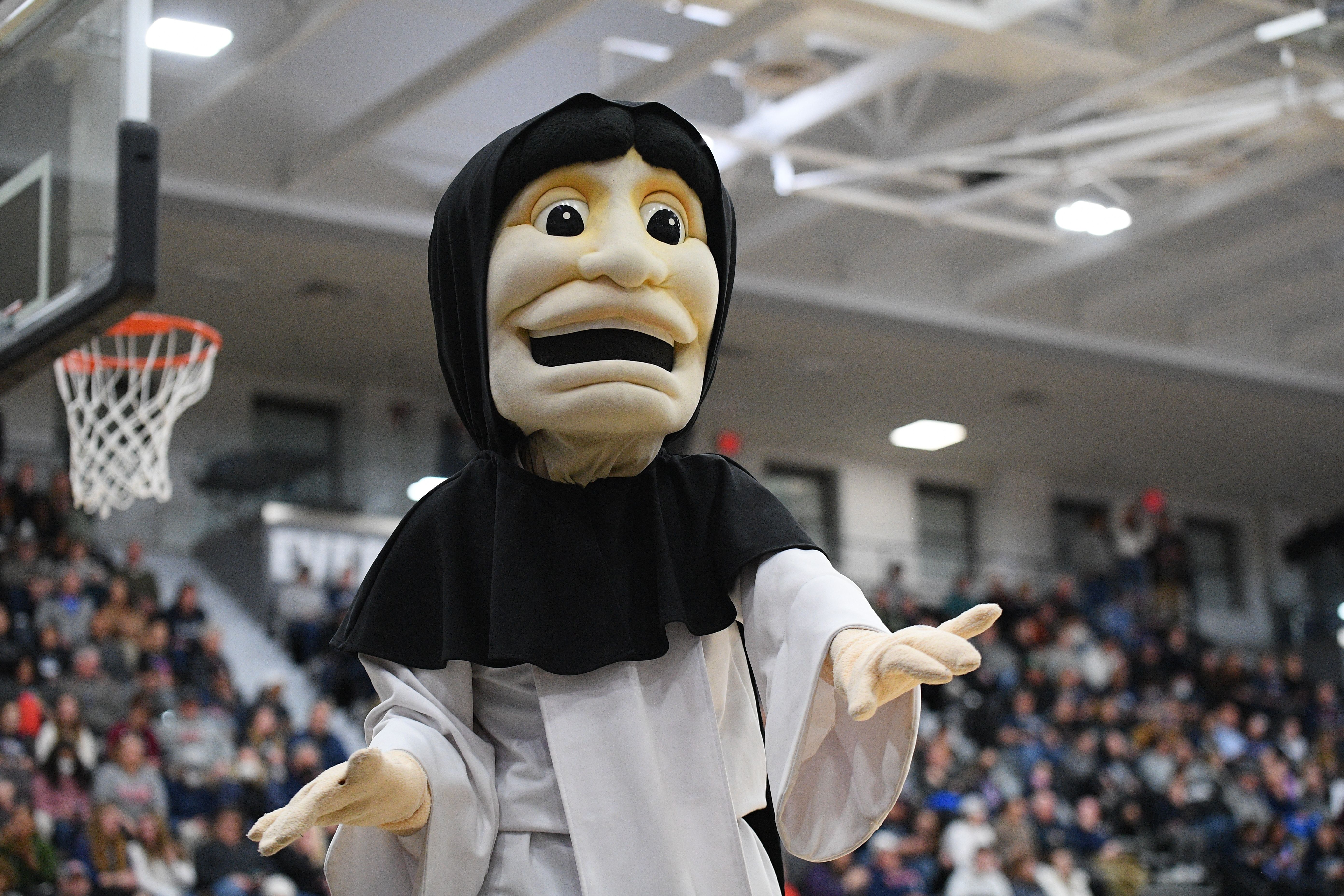 Photo of a mascot on a basketball court
