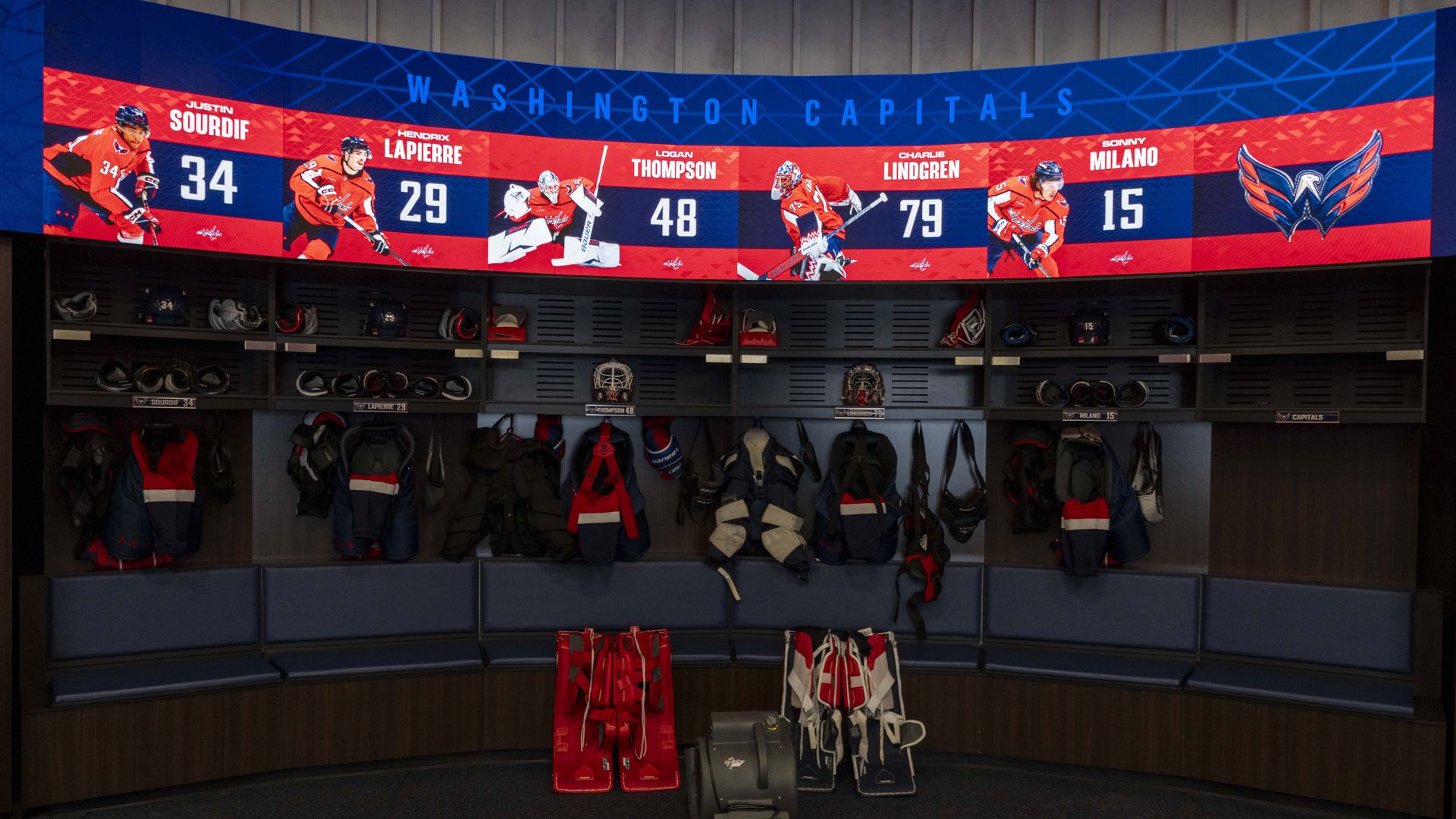 Washington Capitals hockey locker room with curved bench, equipment hanging, pads on floor, and digital display showing five players: Justin Sourdif 34, Hendrix Lapierre 29, Logan Thompson 48, Charlie Lindgren 79, Sonny Milano 15.