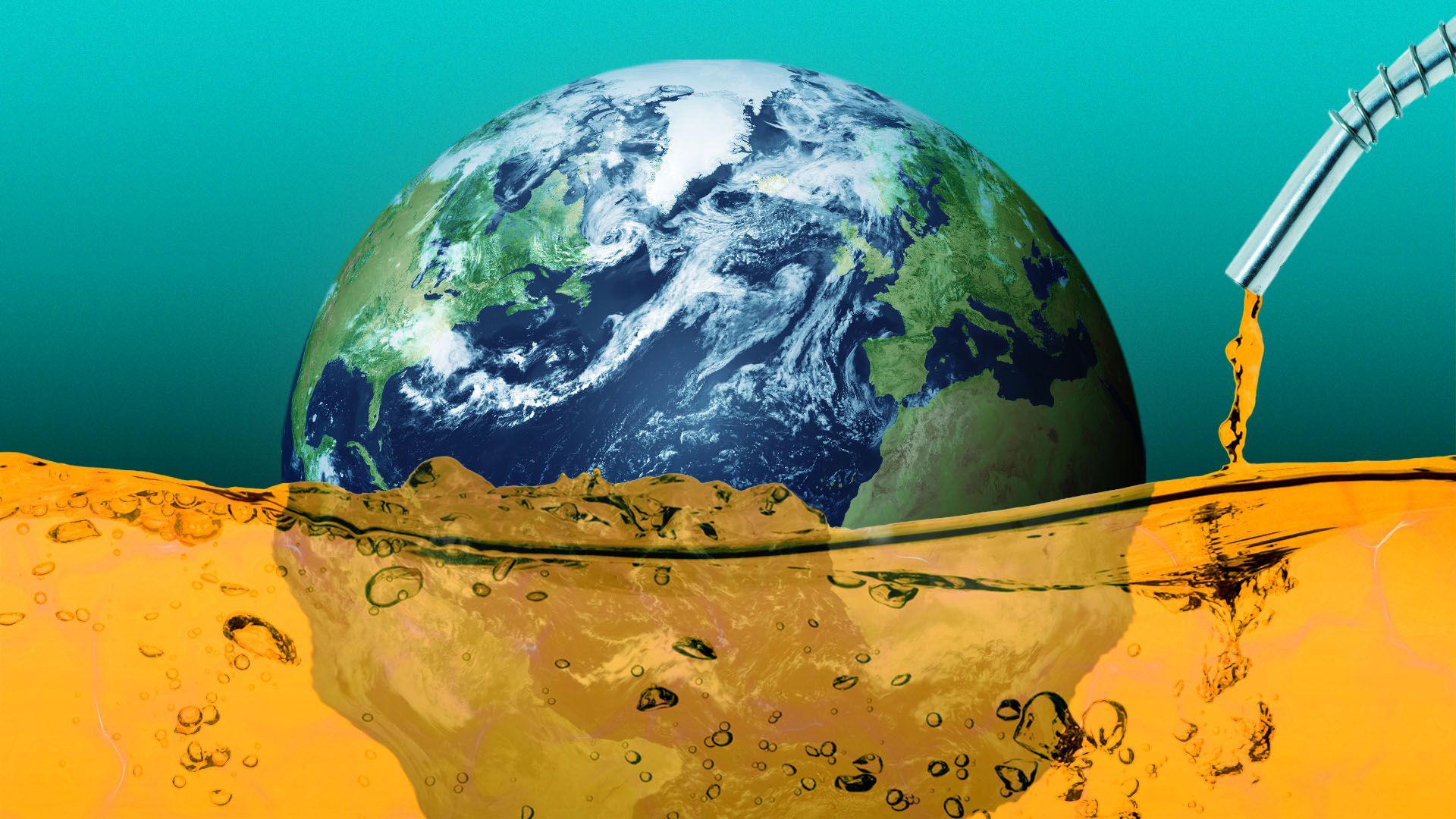 Illustration of Earth half-submerged in gasoline. 