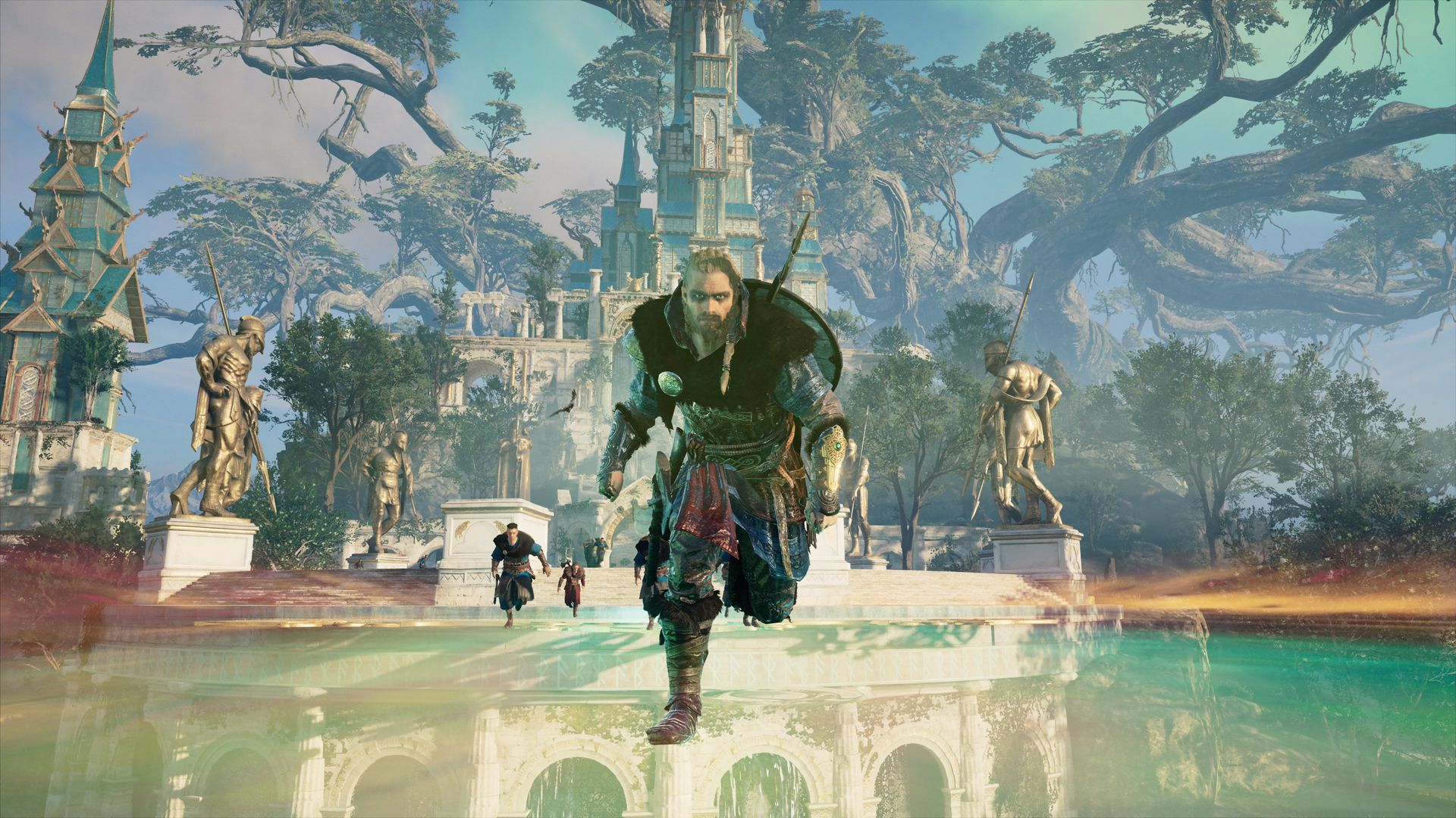 Video game screenshot of a Norse warrior running on a rainbow bridge with a giant tree behind him