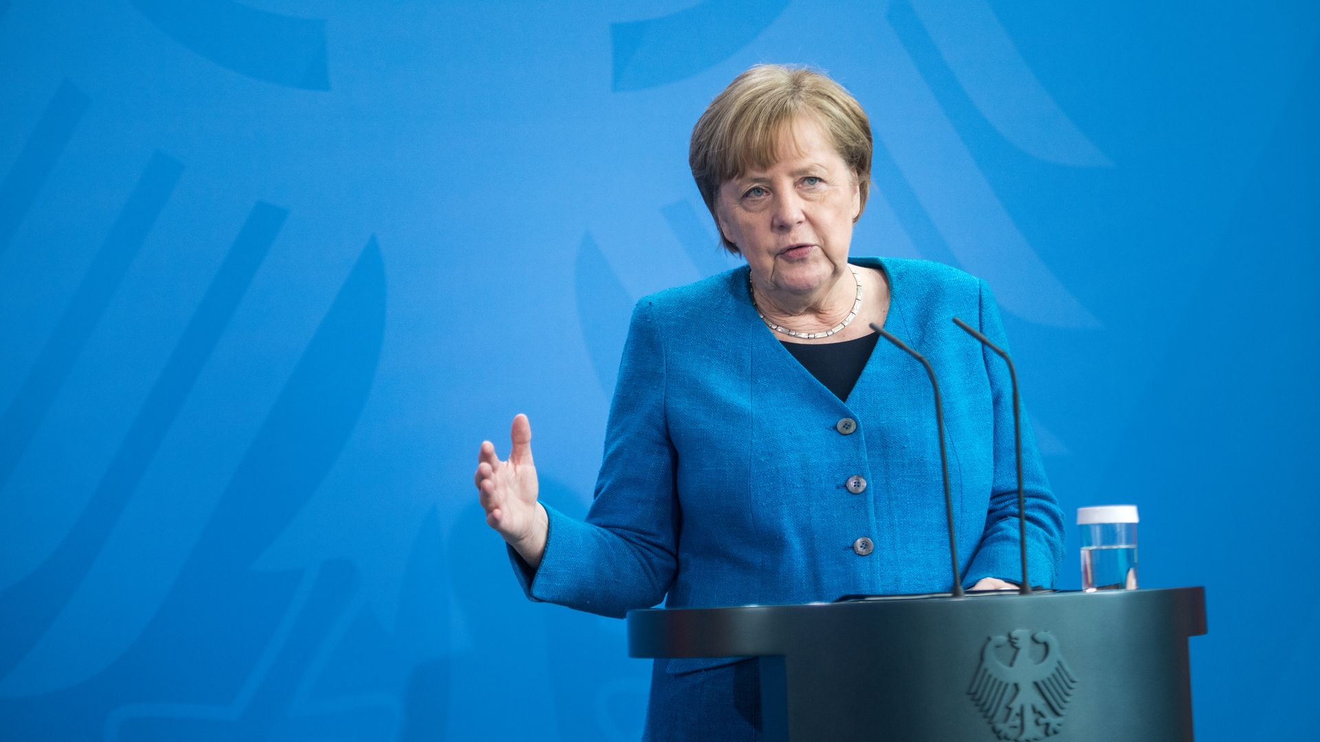  German Chancellor Angela Merkel speaking in Berlin on May 8.
