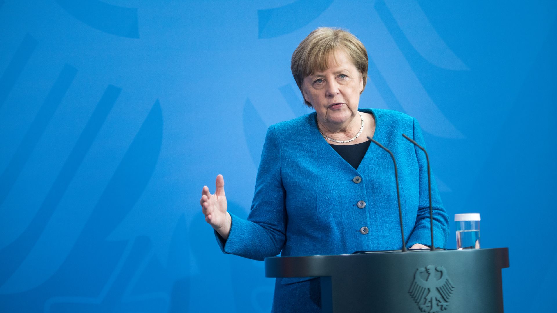 German Chancellor Angela Merkel speaking in Berlin on May 8.