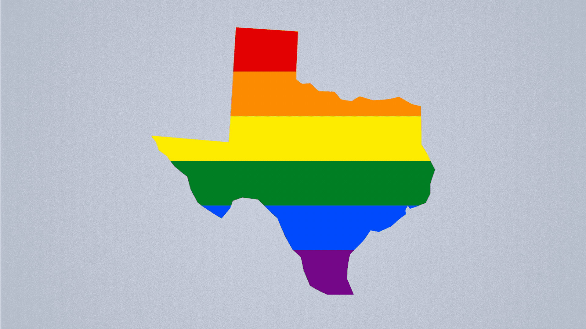Illustration of the state of Texas with the LGBTQ Pride Flag colors in it, and black blinds covering them.
