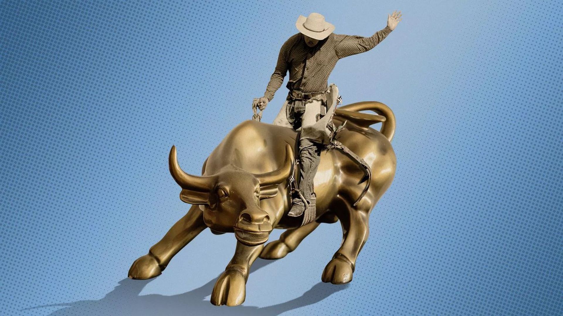 The bull market statue with someone riding it