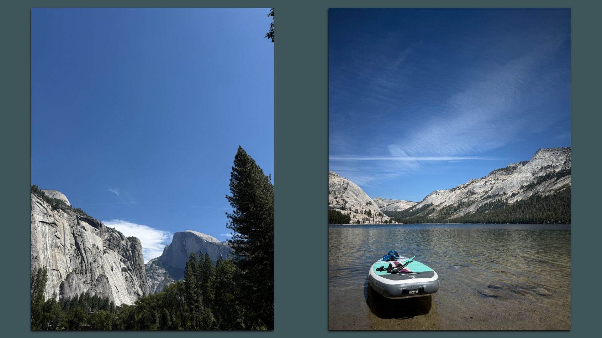 Two-panel landscape: left shows a granite cliff with a tall pine against a clear blue sky; right shows a mountain lake, pine forest, and a paddleboard in shallow water.