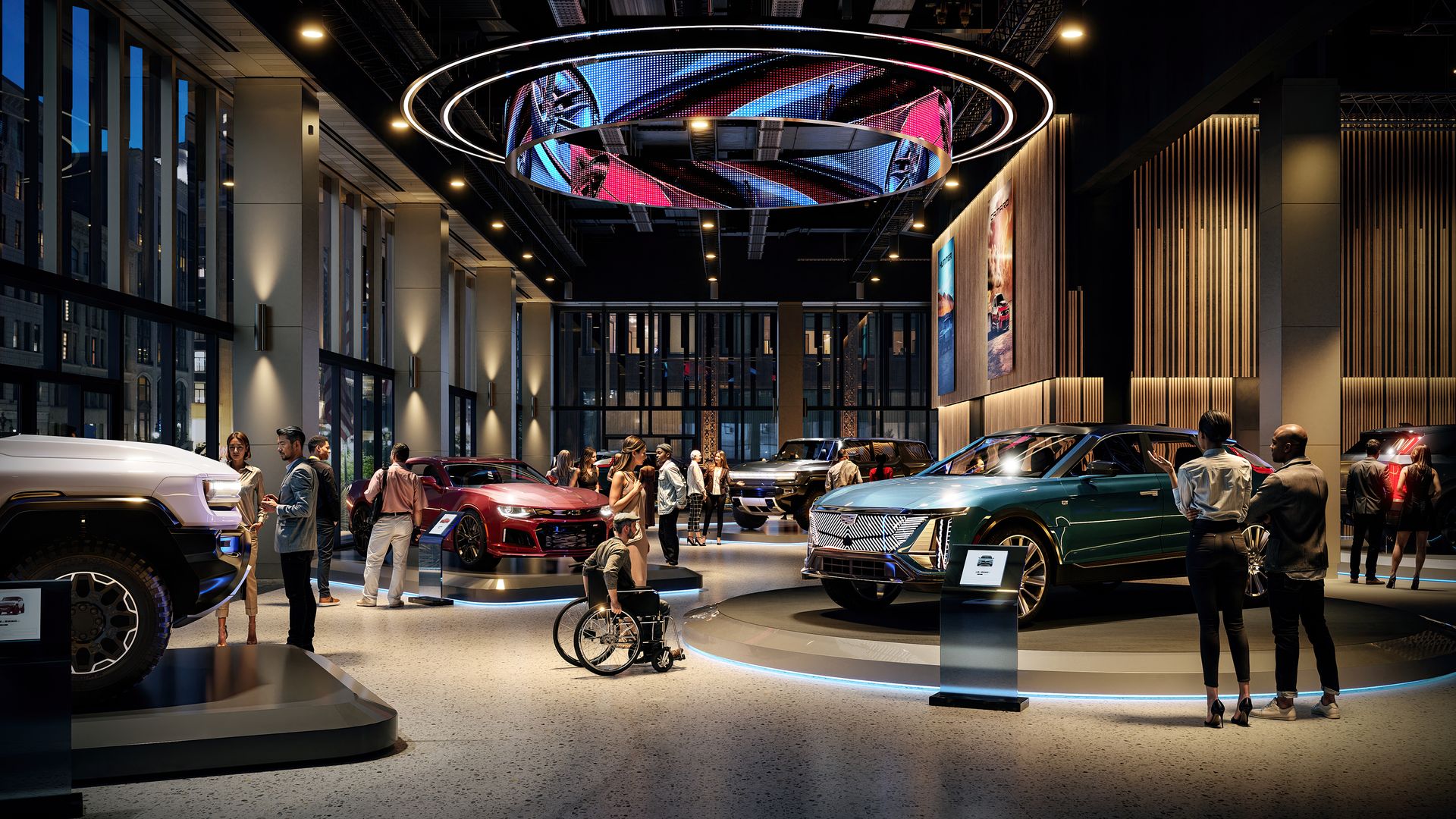 The rendering shows a wide space with many windows. Cars sit on small pedestals and people wander around.