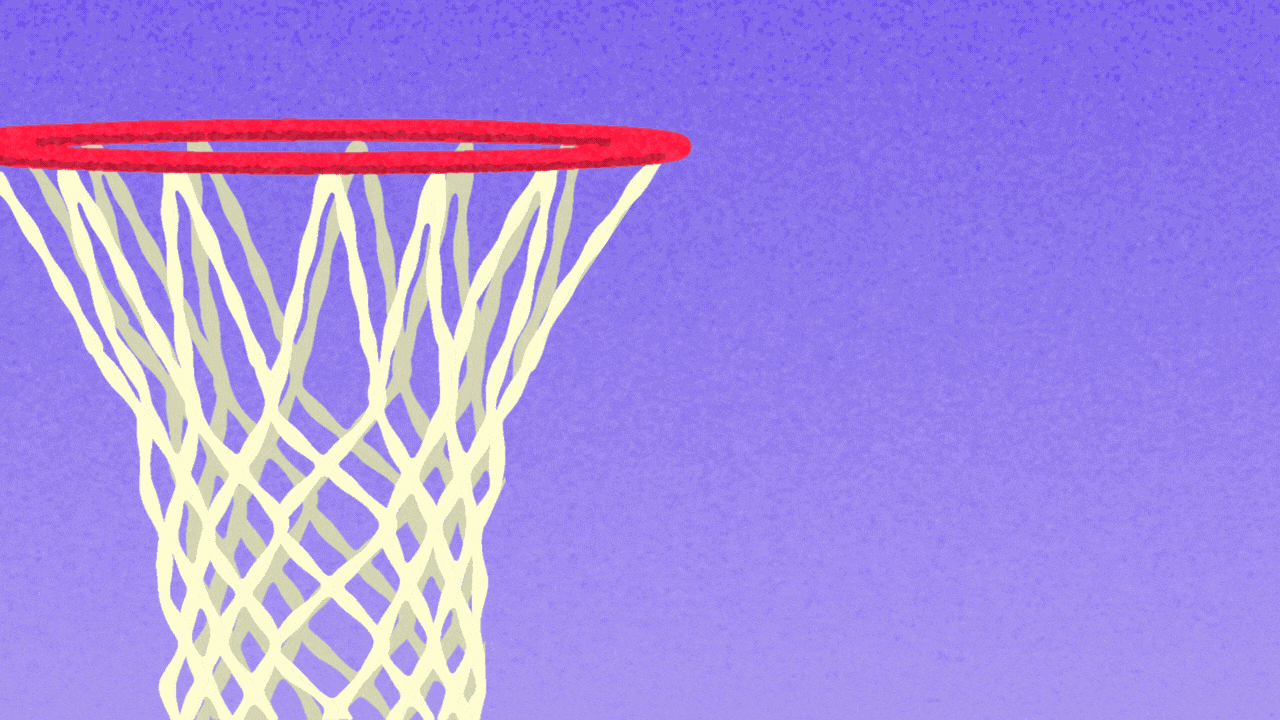 Animated illustration of a robot using scissors to cut down the net from a basketball hoop.