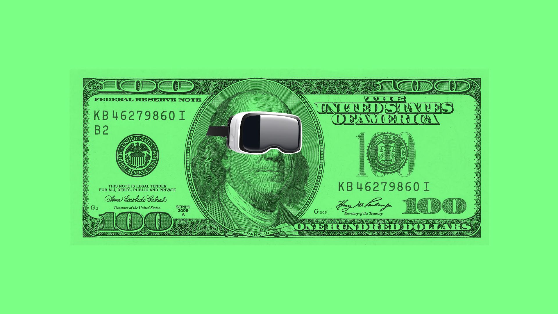 Illustration of Ben Franklin on a $100 bill wearing VR goggles