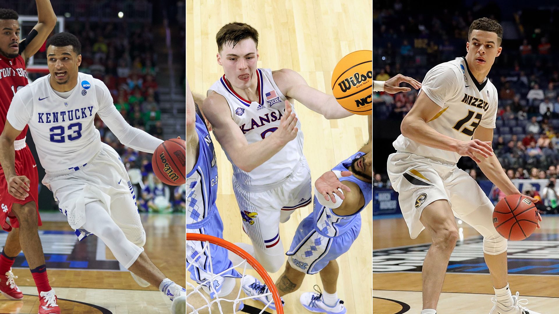 Three separate images edited together to show men playing basketball.