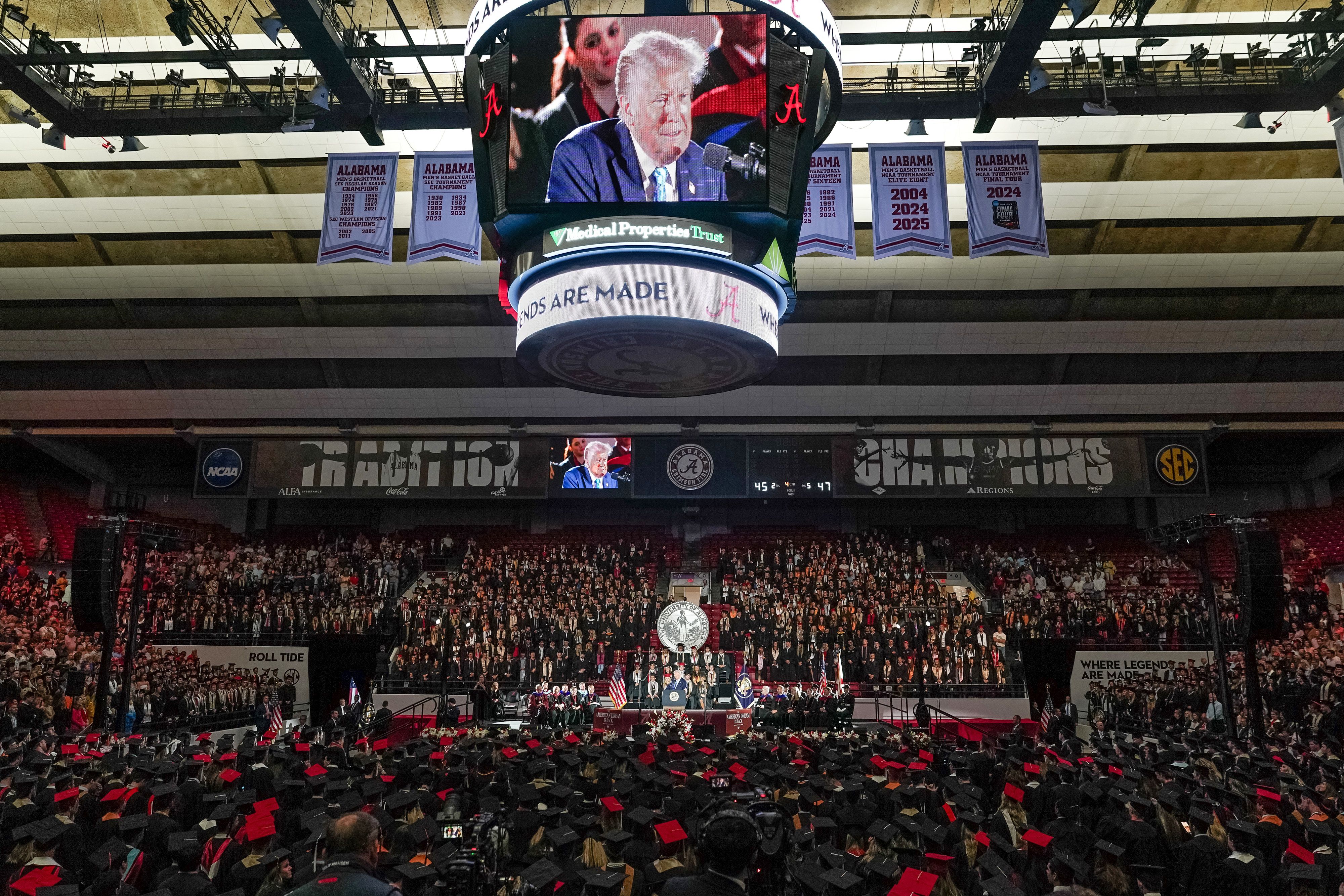 President Donald Trump delivers commencement remarks at the University of Alabama in Tuscaloosa, Alabama, on May 1, 2025. (Photo by Elijah Nouvelage / AFP) (Photo by ELIJAH NOUVELAGE/AFP via Getty Images)