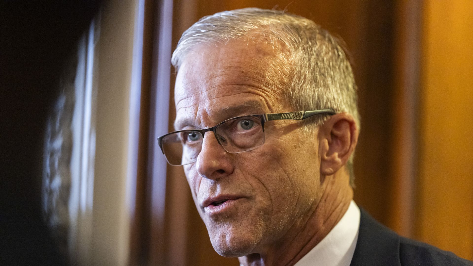 Senate Majority Leader John Thune speaks to the press at the U.S. Capitol on Sept. 14.