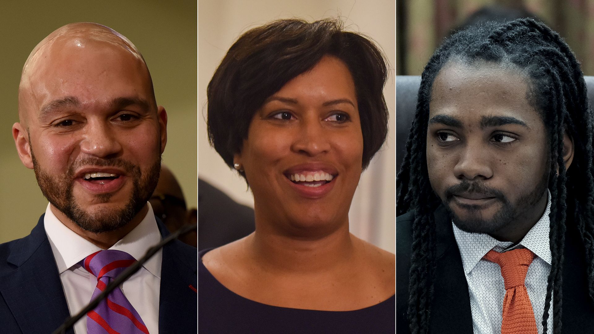 From left, side-by-side photos of Robert White, Muriel Bowser and Trayon White