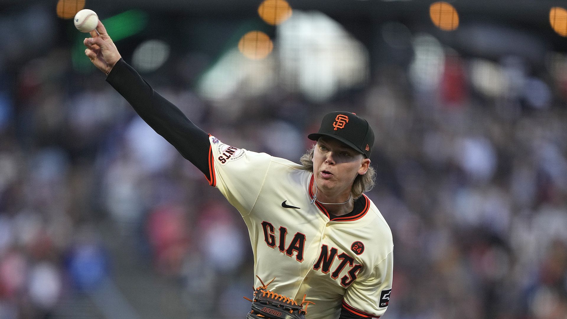 Photo of Hayden Birdsong in his Giants uniform mid-pitch on the field