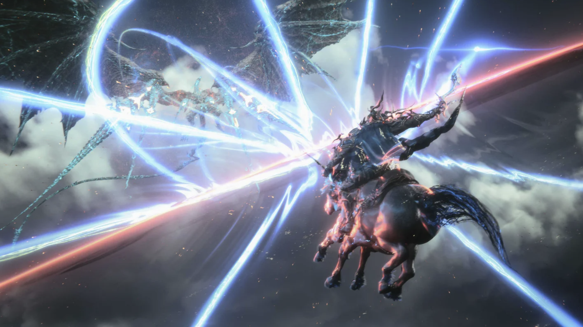 Video game screenshot of an armored warrior riding a flying horse