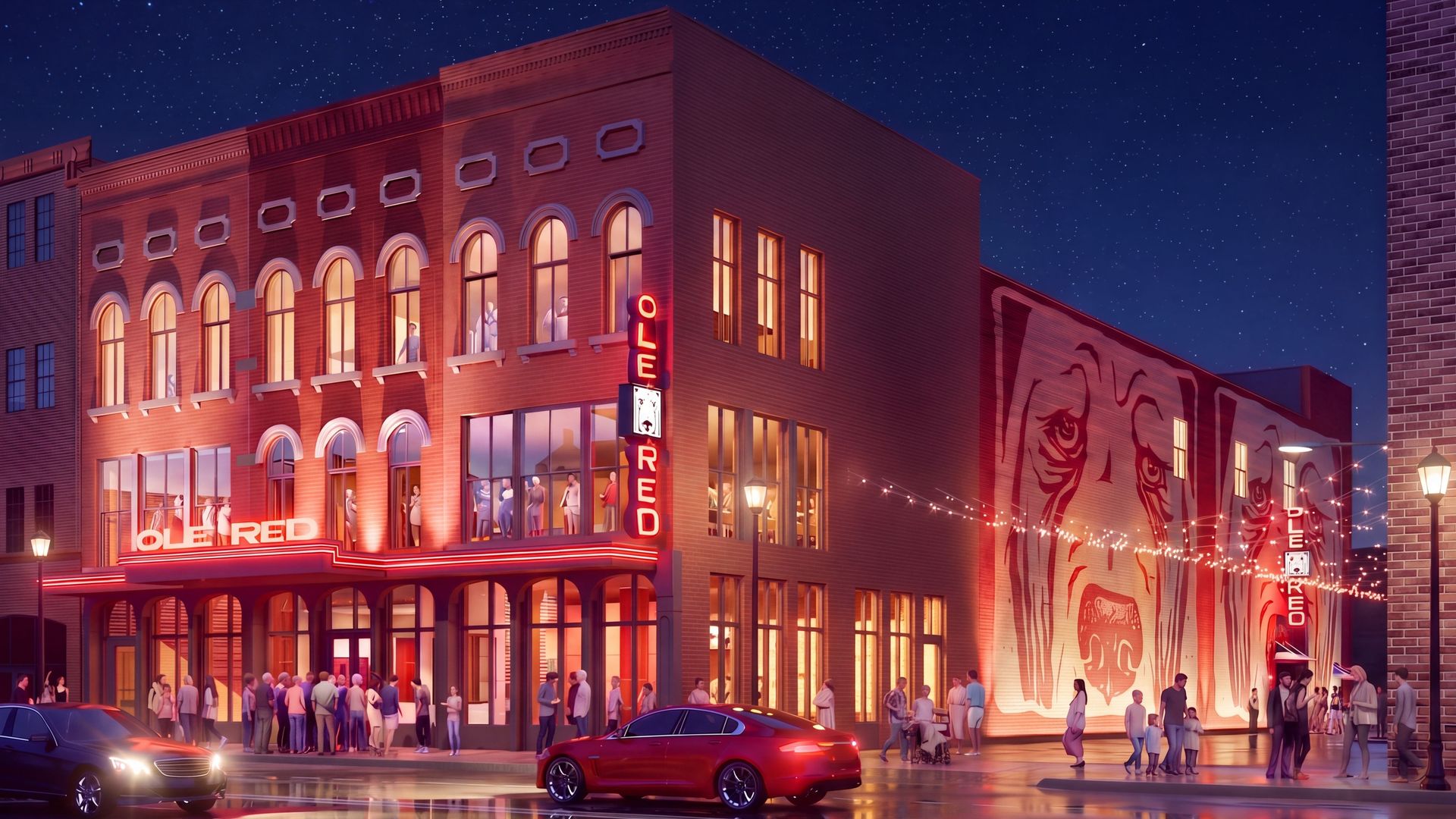 Night scene of a brick building with arched windows and a red neon sign reading "OLD RED" along a crowded sidewalk; string lights, parked cars, and a starry sky overhead.