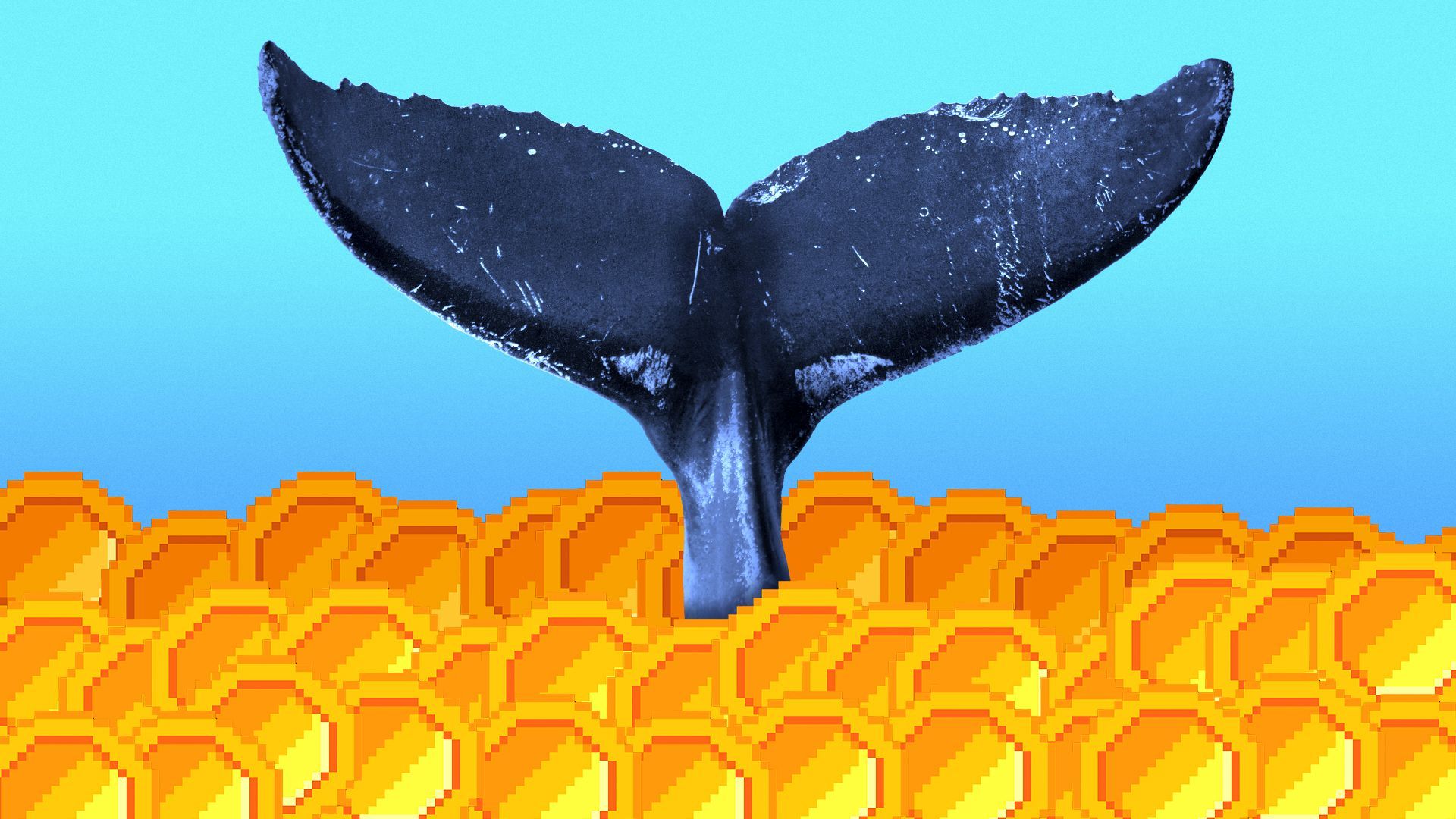 Illustration of a whale’s tail emerging from a sea of pixelated coins.