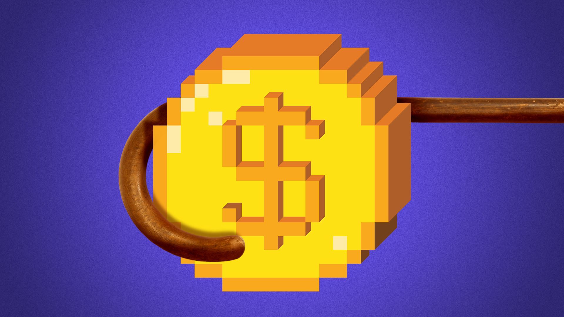 Illustration of a cane pulling a pixelated coin off stage.