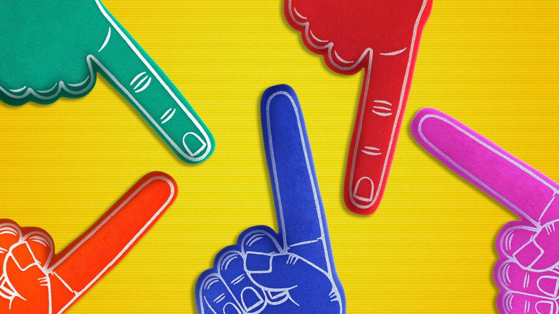Illustration of multiple foam fingers pointing in different directions. 