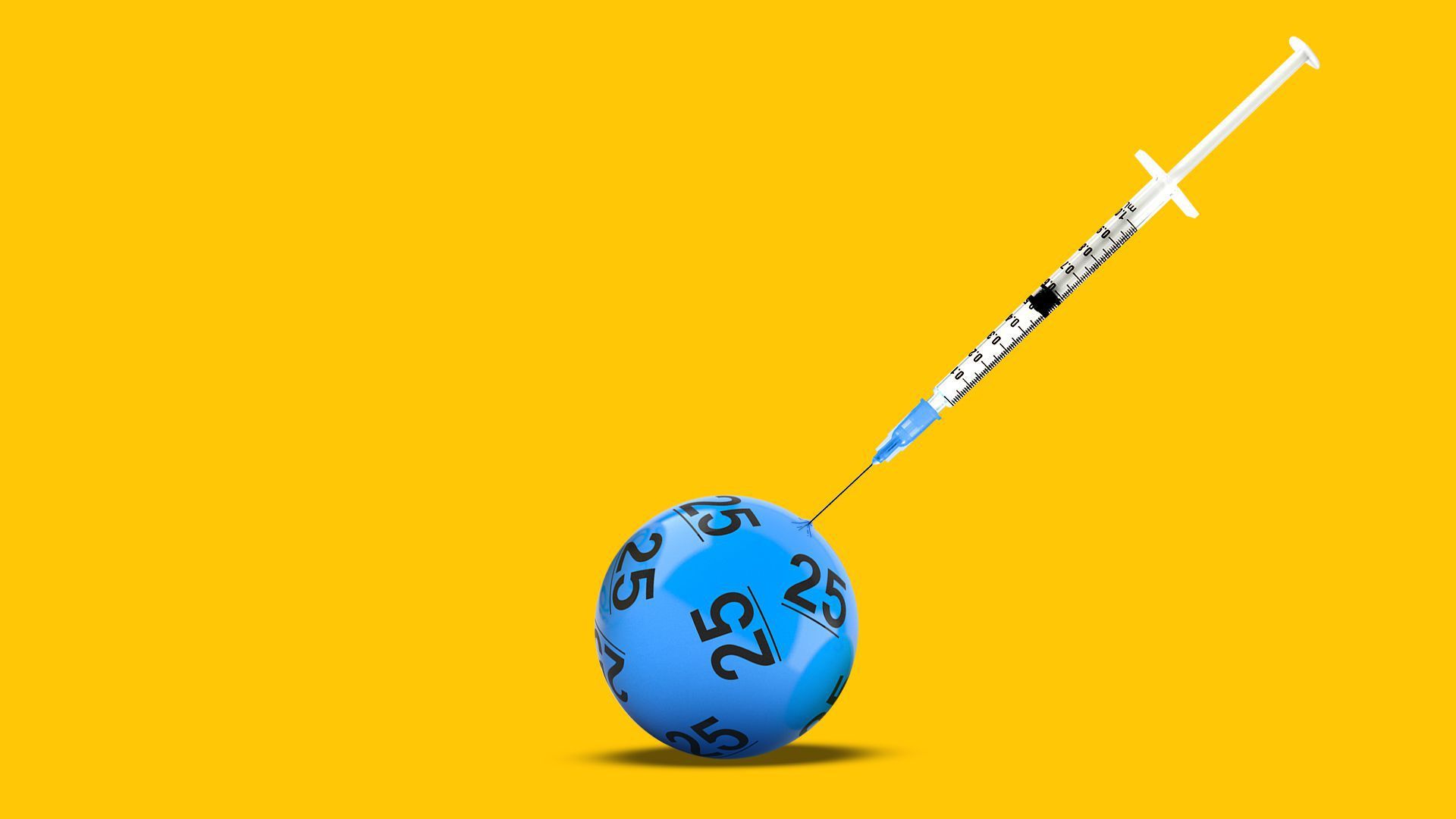 An illustration of a vaccine being injected into a lottery powerball with the number 25 on the side of it.