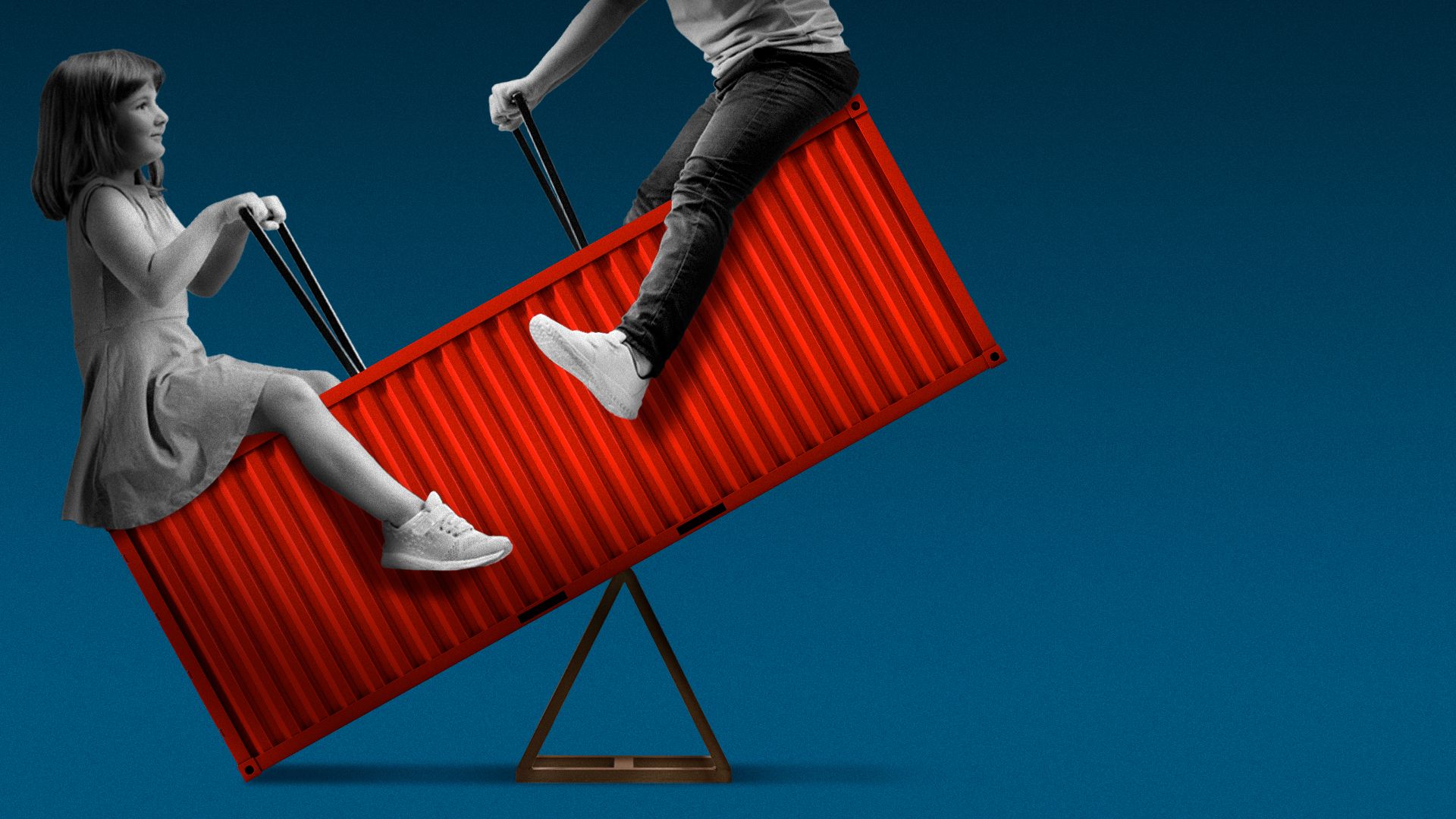 Illustration of two kids riding a cargo container like a seesaw.