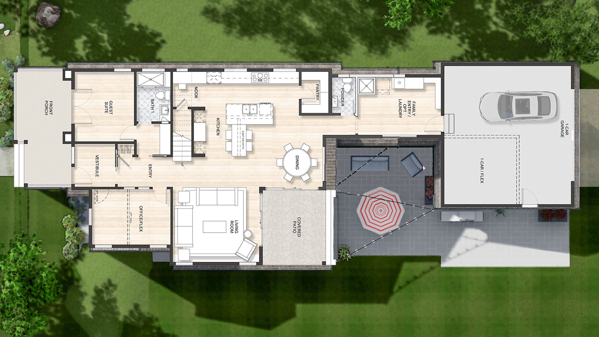 An open-plan housing floorplan.