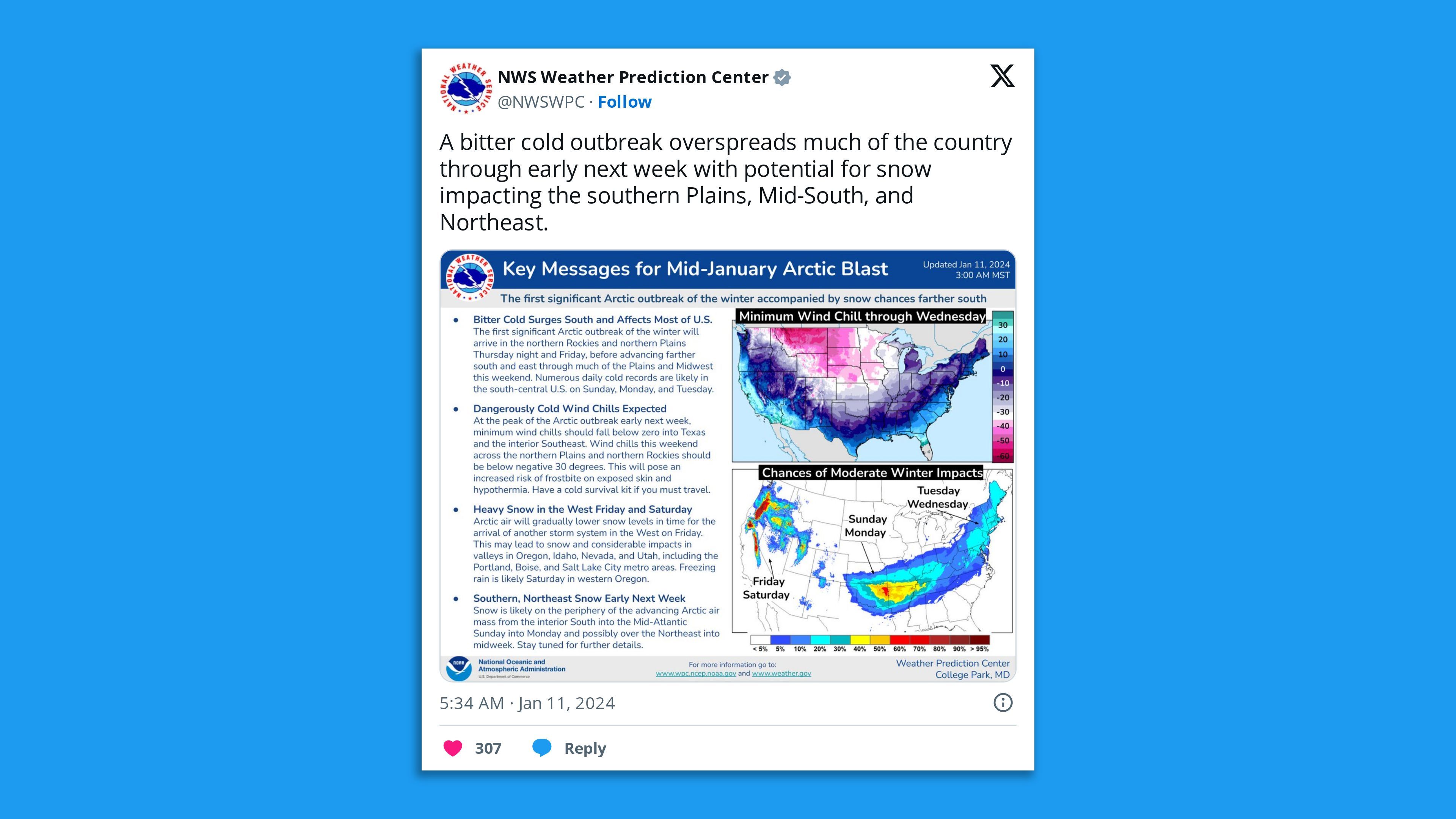 Image of a tweet from the National Weather Service showing details of the upcoming cold snap.
