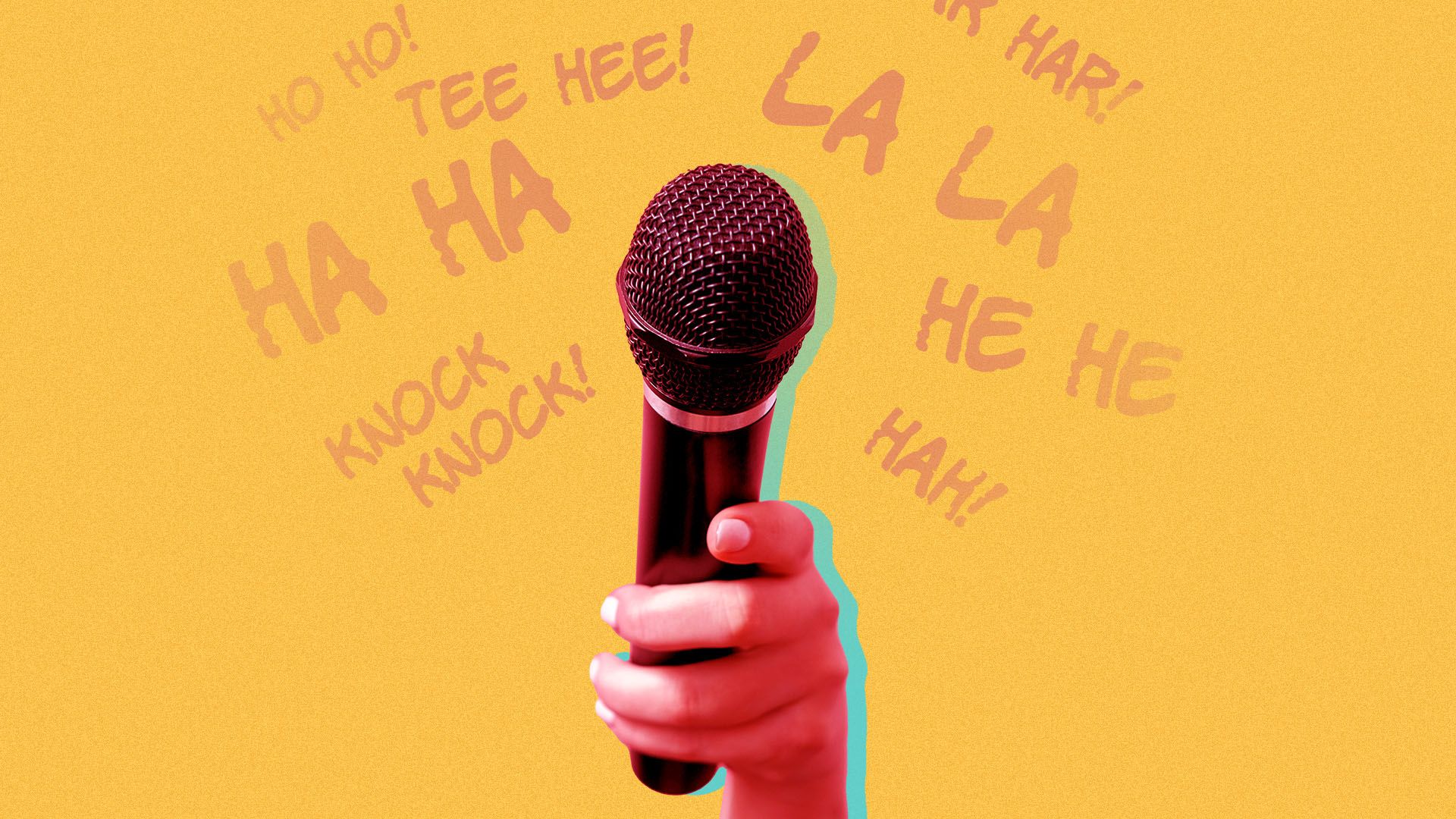 Illustration of a hand with a microphone surrounded by laughter.