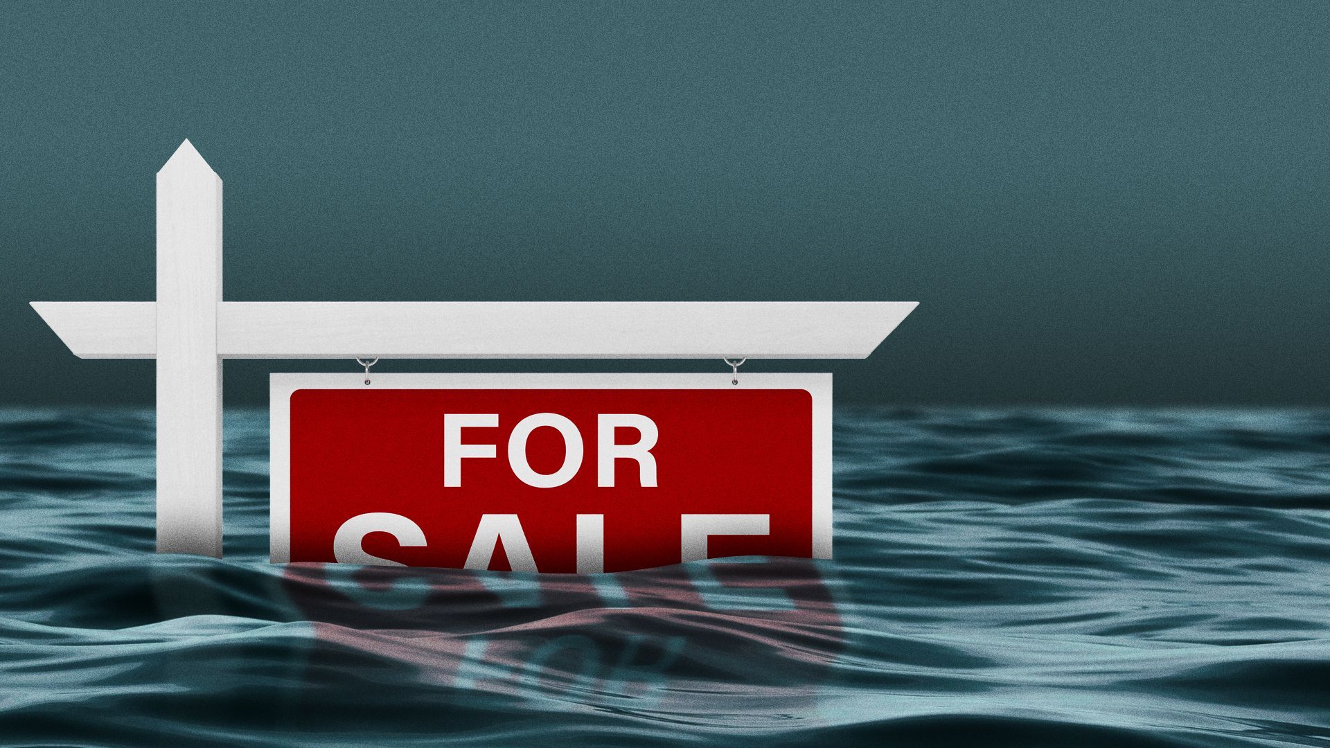 Illustration of a "For Sale" sign post flooded in water. 