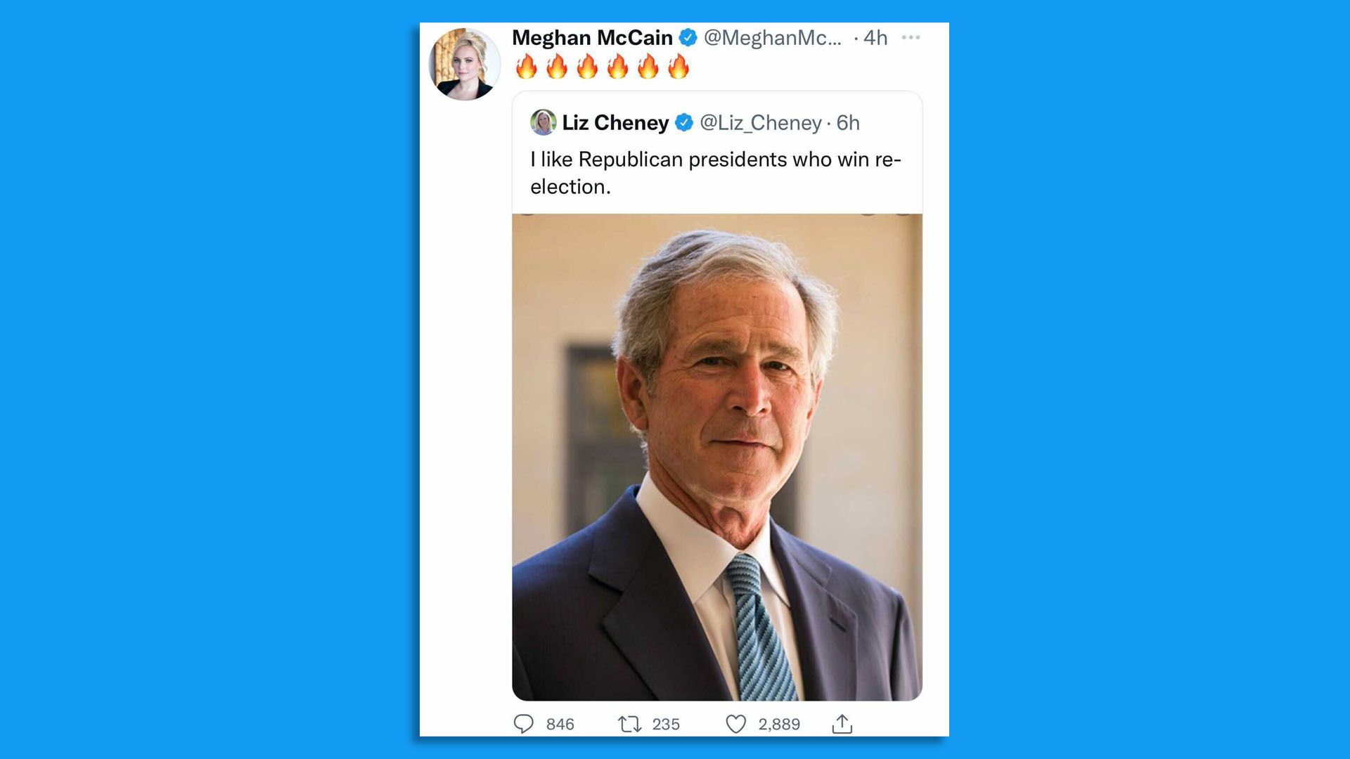A screenshot shows a tweet from Rep. Liz Cheney saying she likes Republicans who get re-elected president.