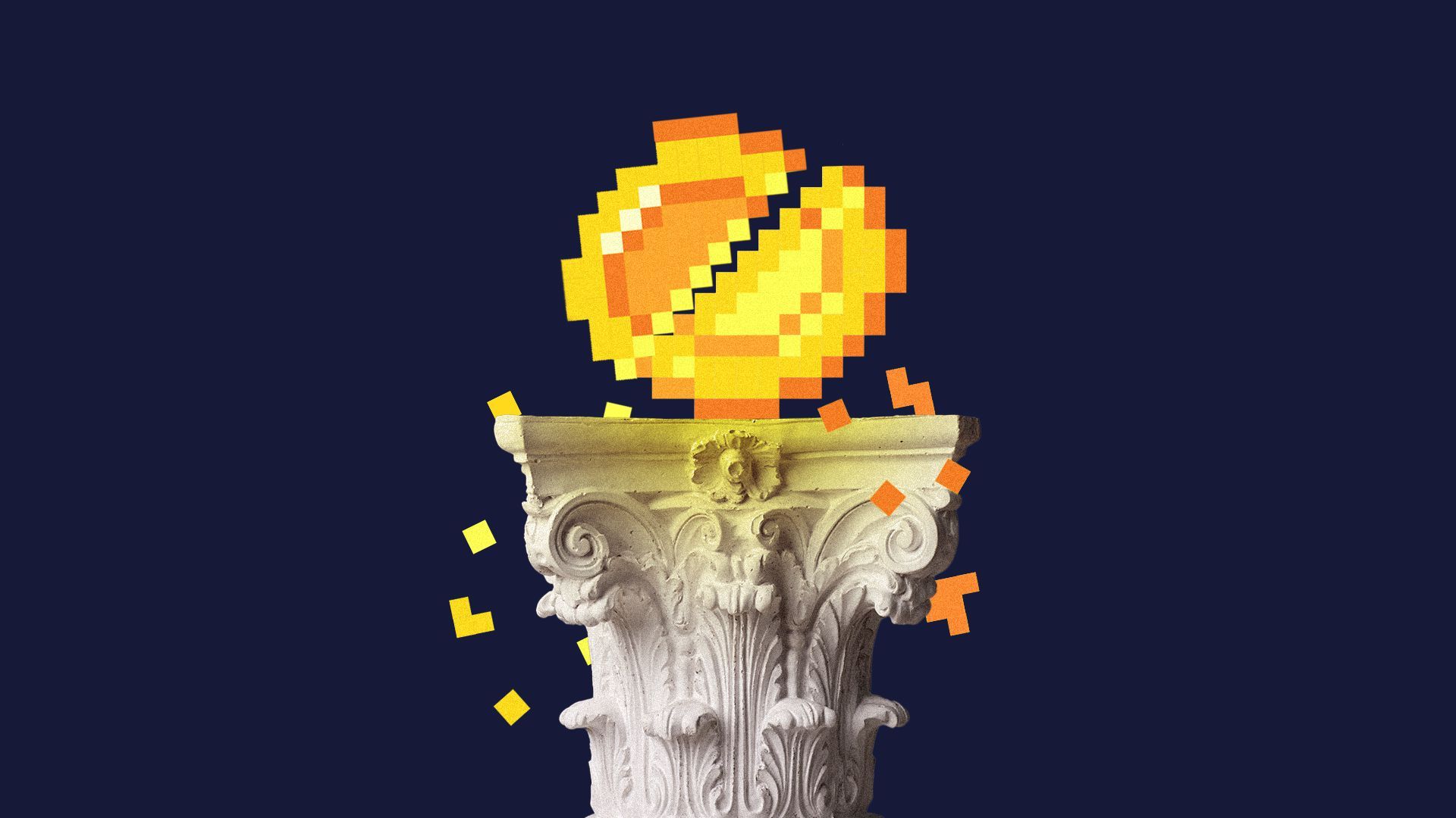 Illustration of a digital coin crumbling on top of a column