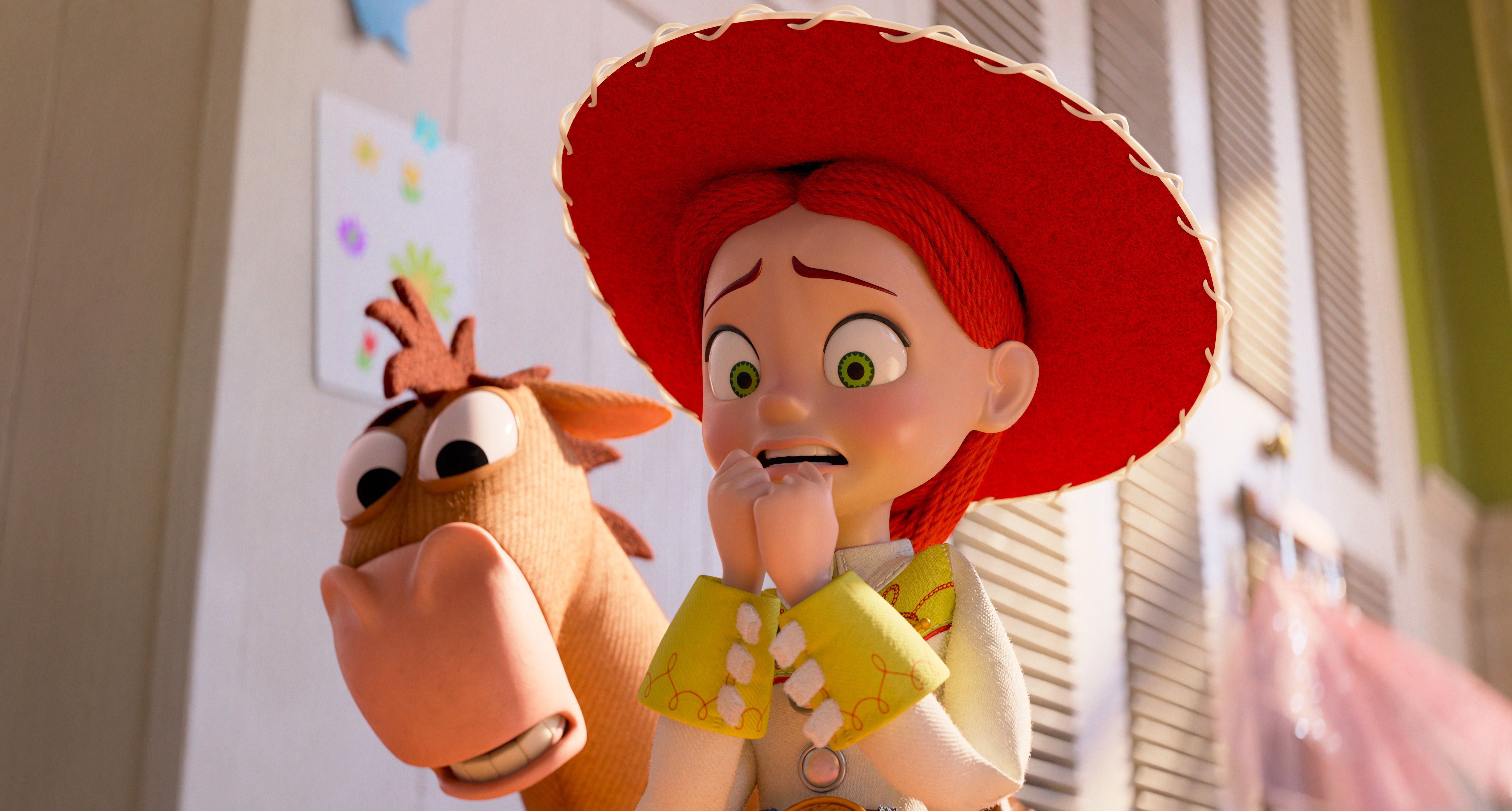 Disney shows characters Bullseye, left, and Jessie, voiced by Joan Cusack, in a scene from Disney and Pixar's "Toy Story 5." (Disney/Pixar via AP)