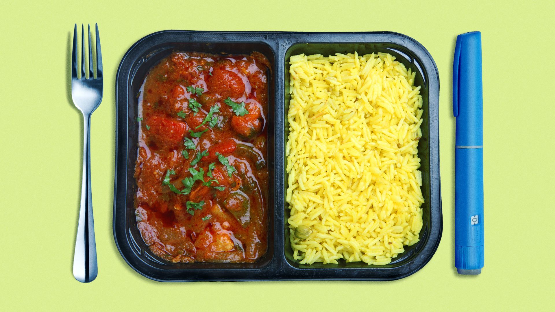 Illustration of a microwave dinner with a fork and semaglutide injection pen on either side of the tray.