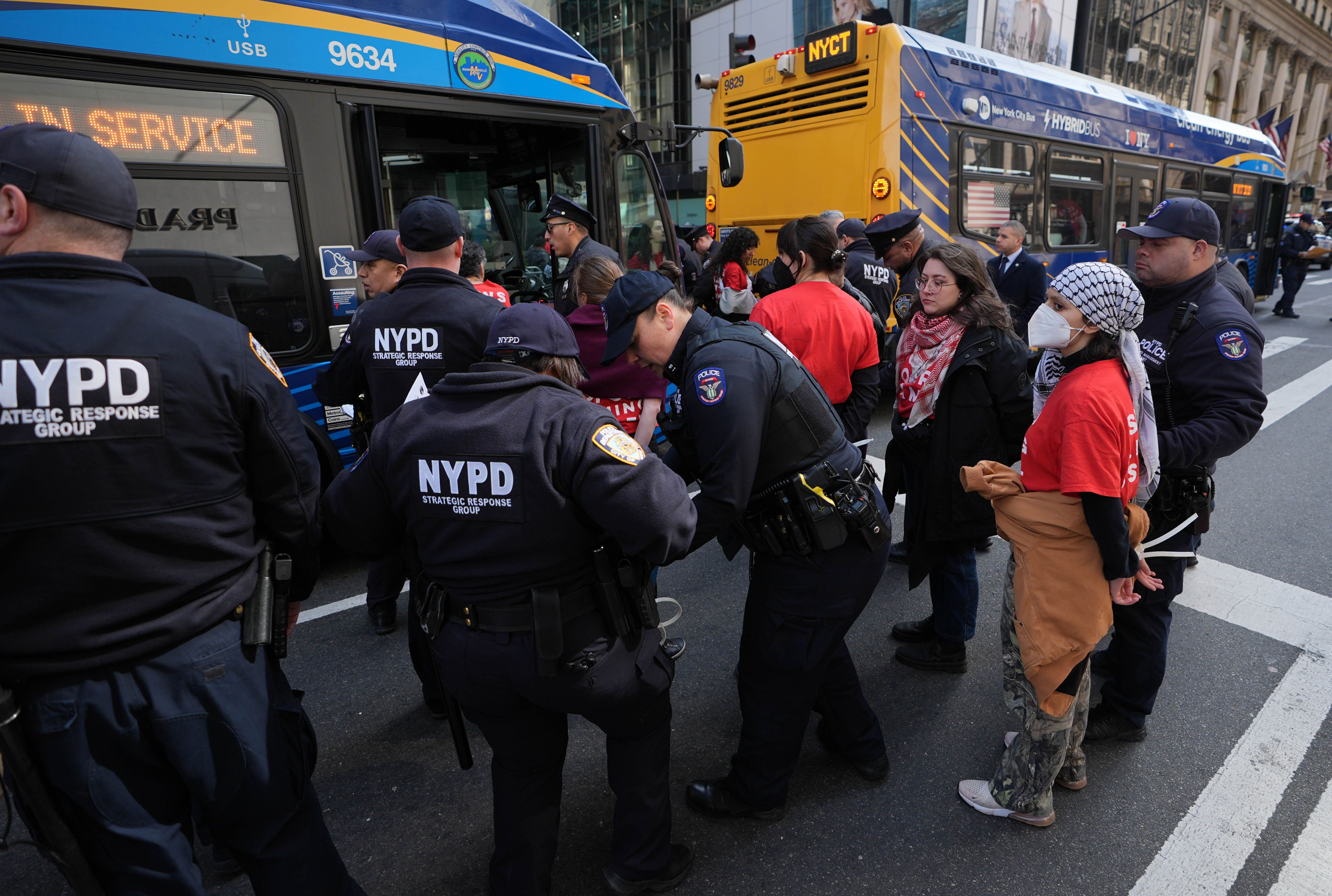 NEW YORK, US - MARCH 13: Police officers detain protestors as hundreds of activists with a Jewish peace group staged a sit-in at US President Donald Trump's signature headquarters in New York demanding the immediate release of Palestinian activist Mahmoud Khalil, in United States