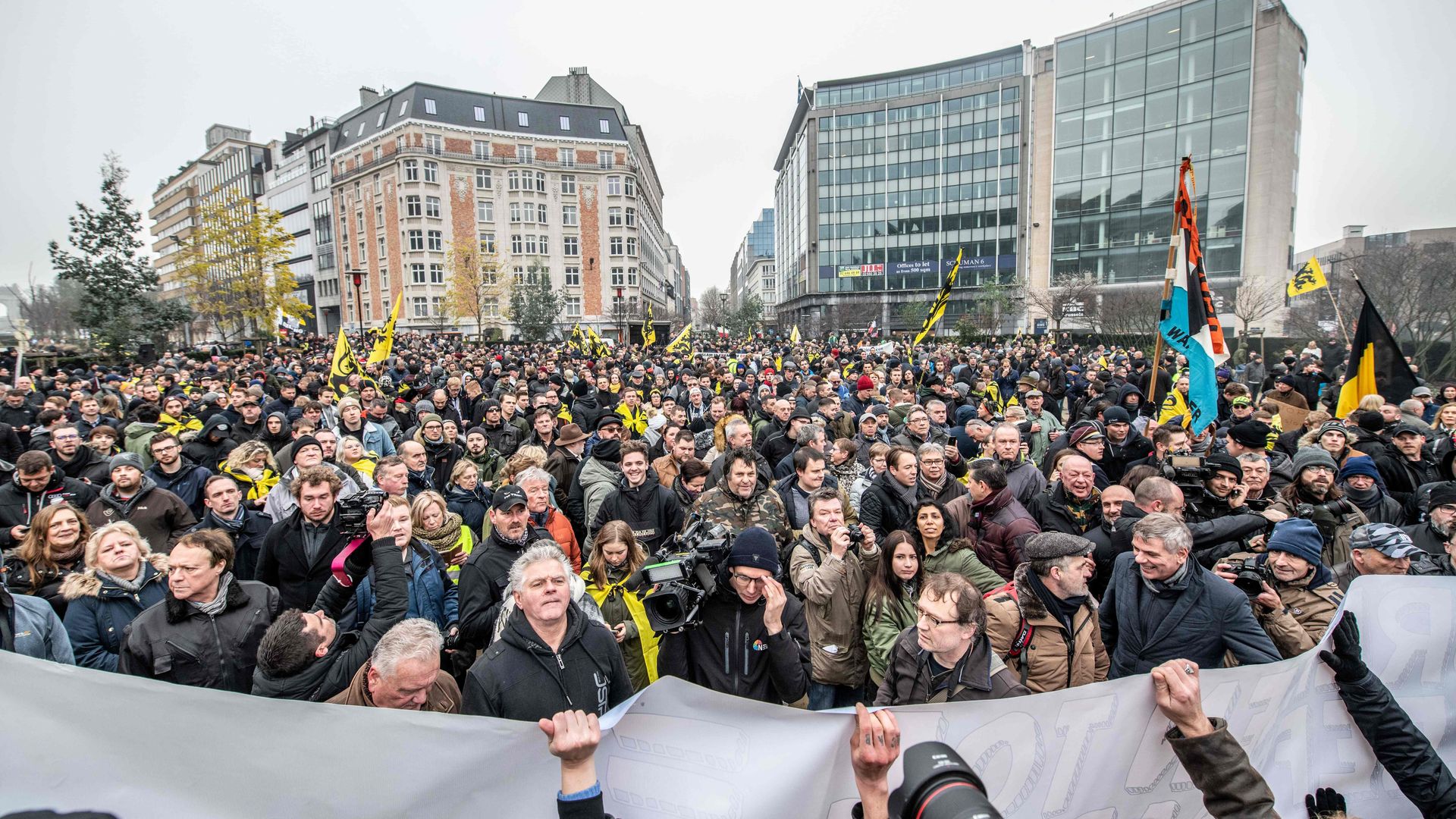 Protestors at a gathering called by the right-wing Flemish party Vlaams Belang and other organizations in Brussels against the UN Marrakech global pact on migration.