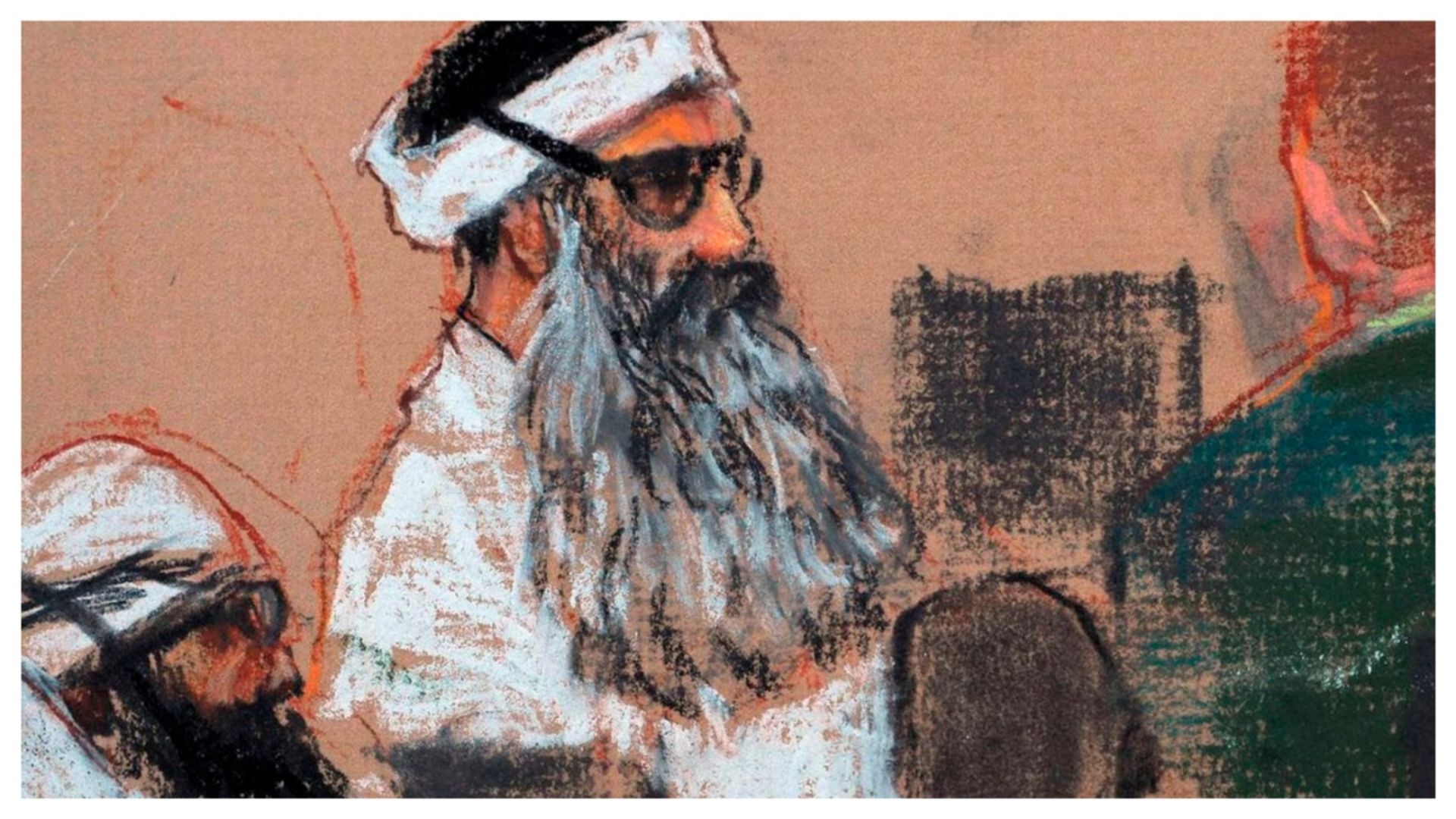 A Dec. 8, 2008, courtroom drawing showing Khalid Sheikh Mohammed (center) and co-defendant Walid Bin Attash, (left) attending a pretrial session at Guantanamo Bay Naval Base