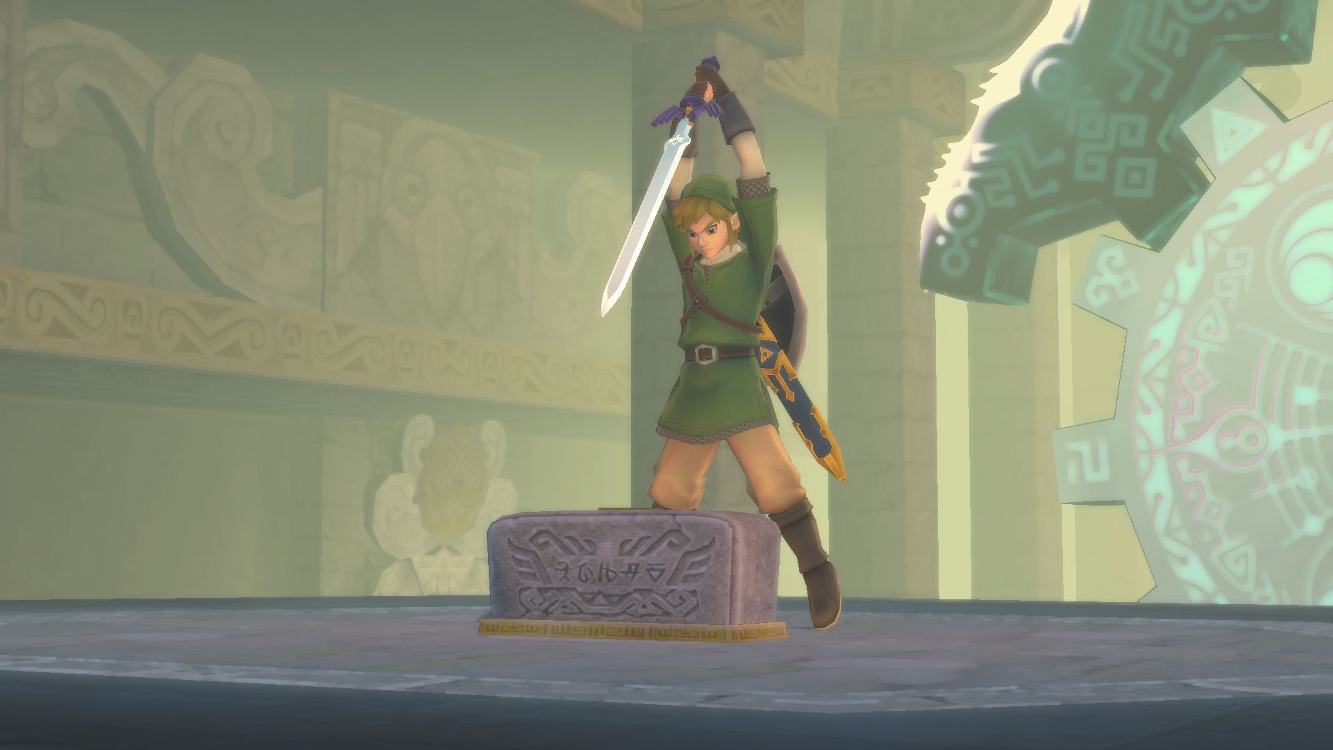 Screenshot from the Legend of Zelda showing a character raising a sword over a chest