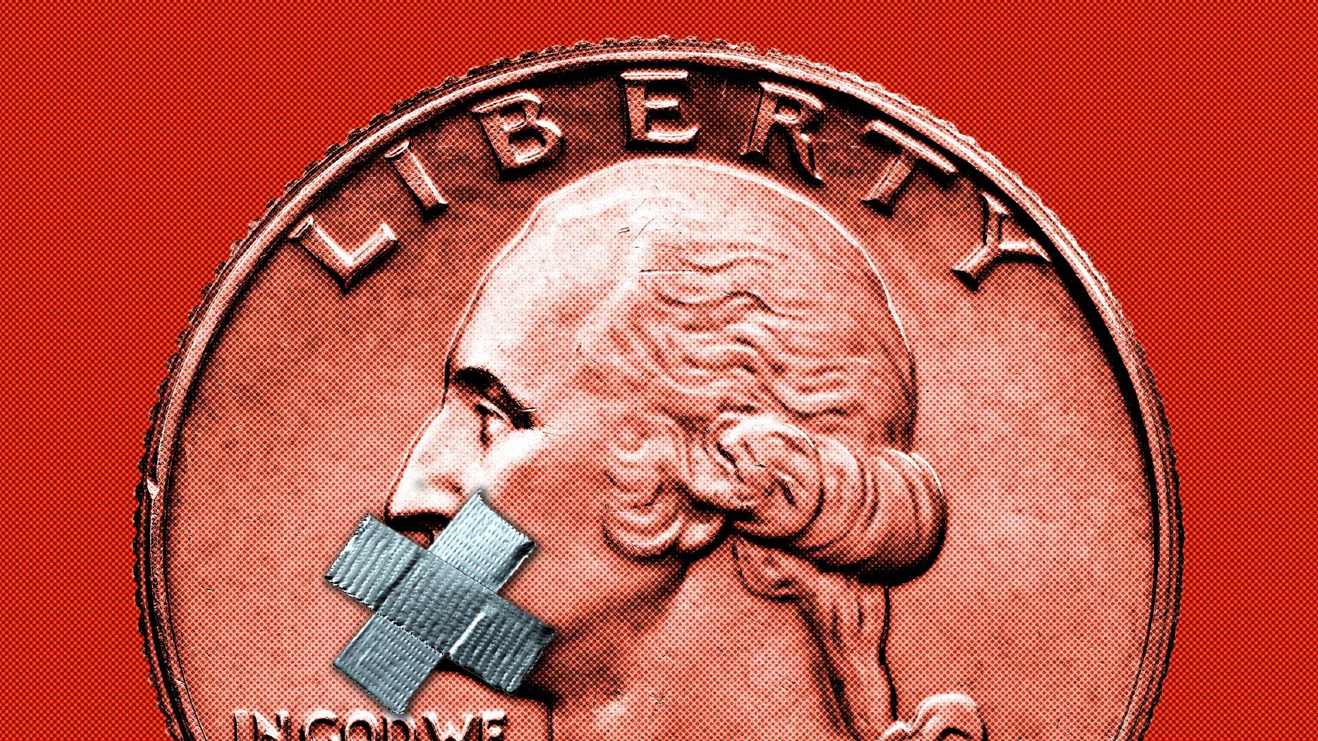 Illustration of a U.S. quarter coin with duct tape covering George Washington's mouth