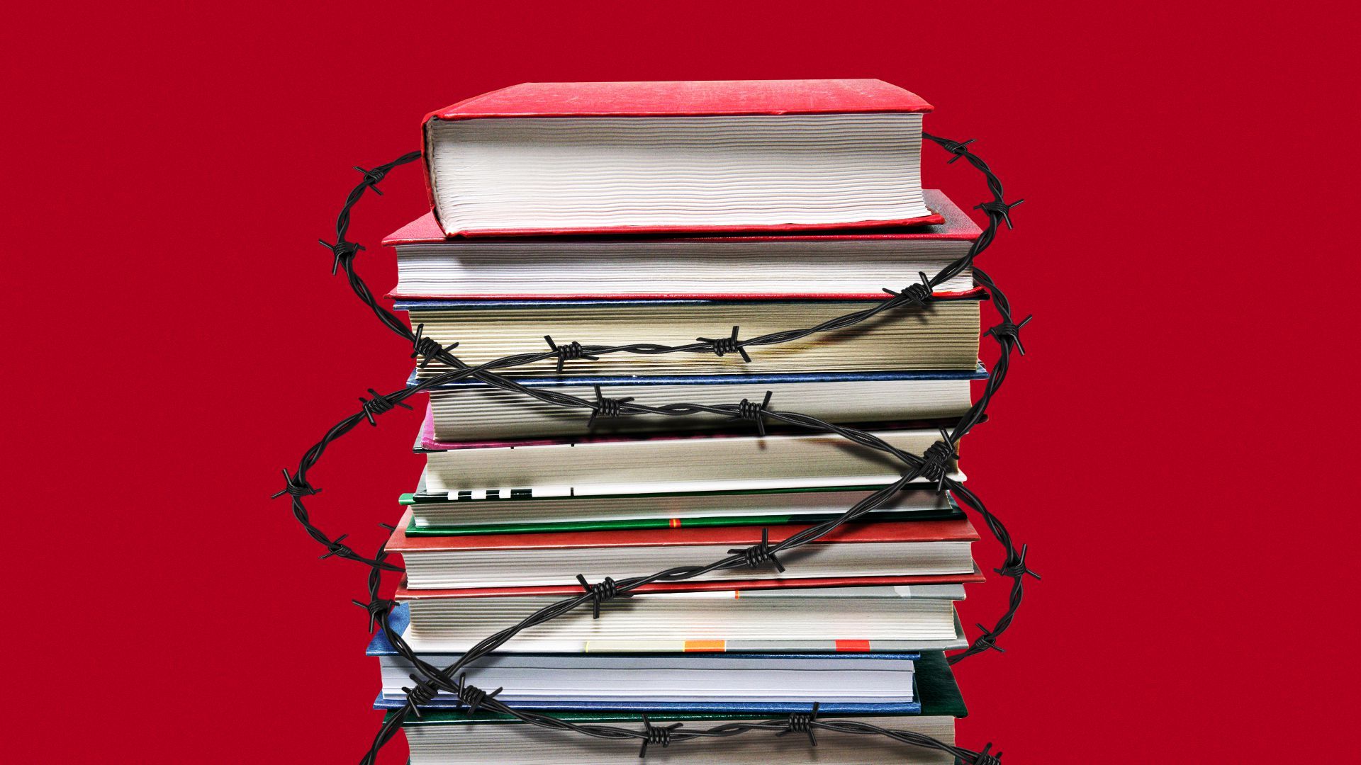 Illustration of a stack of books with barbed wire wrapped around them. 