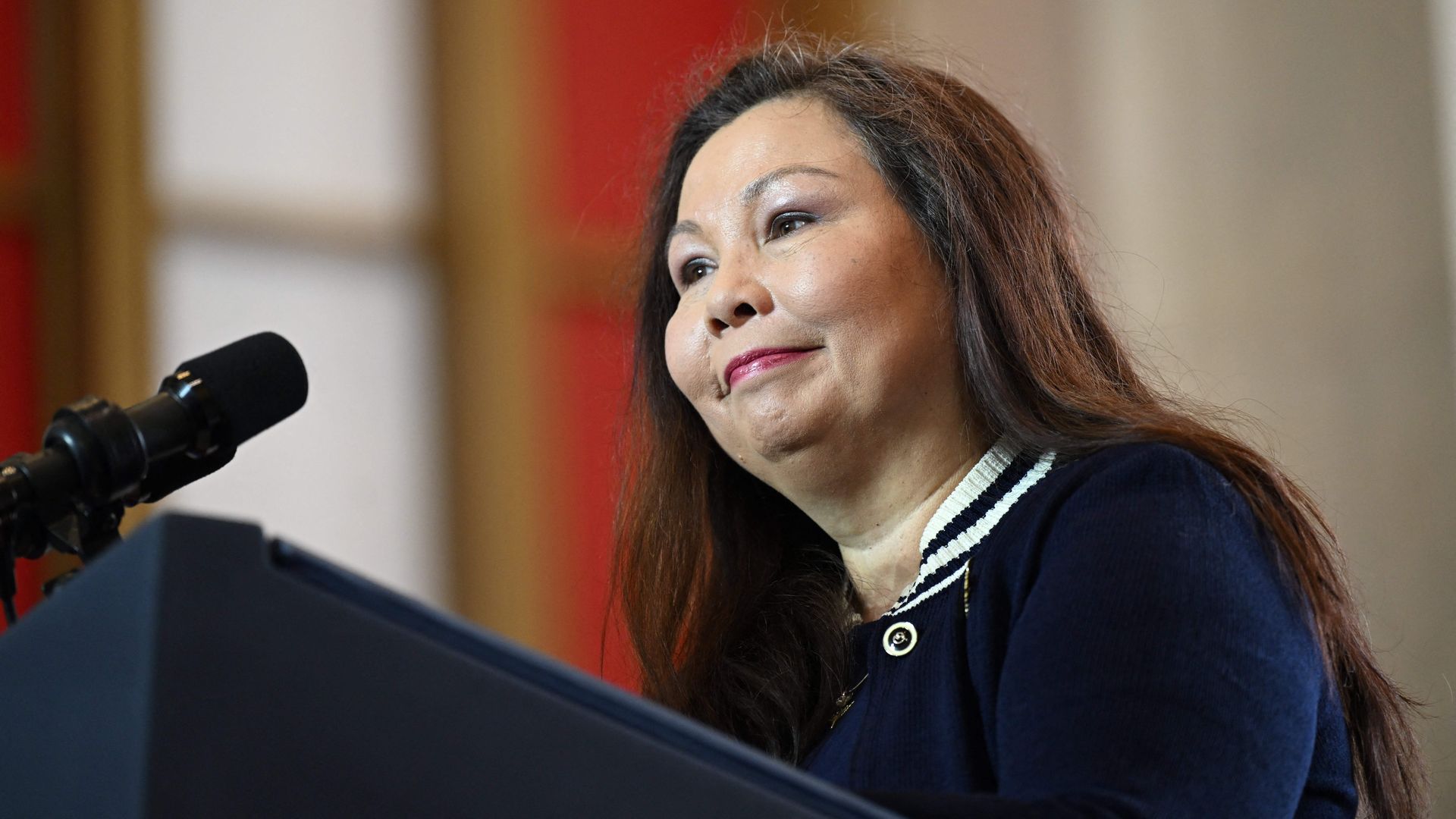 Sen. Tammy Duckworth delivers remarks in Chicago, Illinois, in 2023.